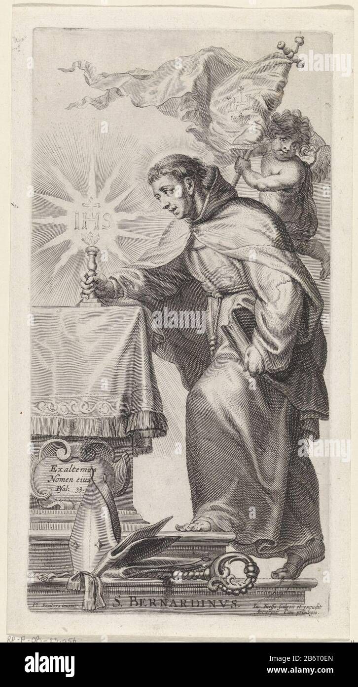 H Bernardinus van Siena Der heilige Bernardin von Siena betritt eine Treppe, die zu einem Altar führt, unter seinem Arm ein Buch, in seiner anderen Hand ein Kerzenleuchter. Über dem Leuchter drei Nägel, die sich auf die Buchstaben des Monogramms Christi oben konzentrieren. Über ihm ein fliegender Engel mit einem Banner mit dem Monogramm Christi. Zu Füßen von Bernardine stehen drei Mithräder und Staf. Hersteller : Druckerhersteller Jacob Neefs (börsennotiertes Objekt) zu entwerfen: Philip Fruytiers (denkmalgeschütztes Gebäude) Herausgeber: Jacob Neefs (börsennotiertes Eigentum) Anbieter von Privilegien: Unbekannt (Objekt bekannt gegeben) Ort Herstellung: Antwerpen Datum: 1620 Stockfoto