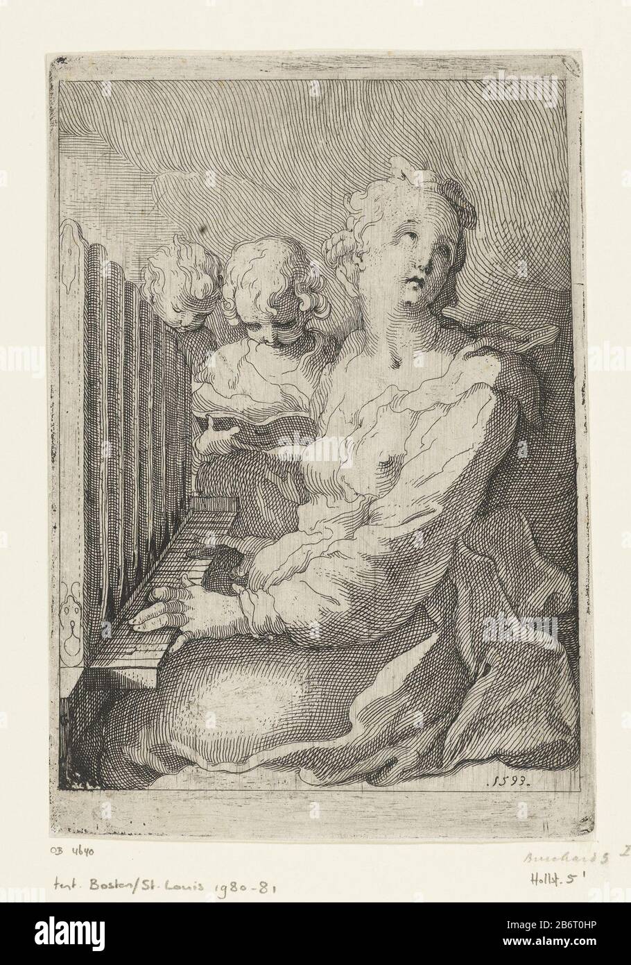 H Cecilia Die heilige Cecilia, die die Orgel spielt. Neben ihren beiden Engeln. Einer von ihnen hält ein offen geprüftes Liederbuch. Mit leerem Rand. Hersteller: Druckmaschine: Gerrit Pietersz. SweelinkPlaats Herstellung: Amsterdam Datum: 1593 Physikalische Merkmale: Radierung; Proofmaterial: Papiertechnik: Ätzmaße: Plattenkante: H 206 mm × W 142 mm Betreff: Weibliche Heilige (mit NAMEN) Orgel oder musikalische Partitur Druckausgabe Stockfoto