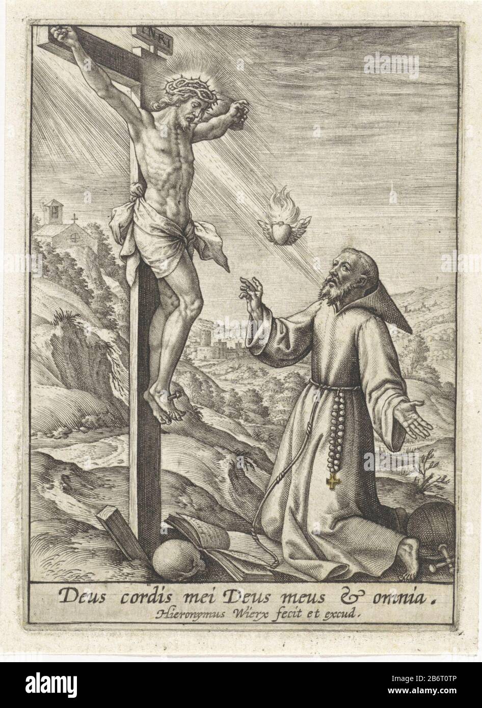 H Franciscus van Assisi voor de gekruisigde Christus der heilige Franziskus von Assisi kniet vor dem gekreuzigten Christus. Ein geflügeltes brennendes Herz steigt auf. Am Fuß des Kreuzes ein offenes Buch und einen Schädel geschlagen. Hinter Franciscus ein Orb. Im Rand eine Überschrift im Latijn. Hersteller : Druckmaschine: Jerome Who: Rix (denkmalgeschütztes Gebäude) Herausgeber: Hieronymus Wierix (denkmalgeschütztes Eigentum) Ort Herstellung: Antwerpen Datum: 1563 - Merkmale 1619 Physikalisch: Fahrzeugmaterial: Papiertechnik: Engraa (Druckverfahren) Abmessungen: Plattenkante: H 101 mm × W 72 mm Betreff: St. Franziskus von Assisi umarmt Christus Stockfoto