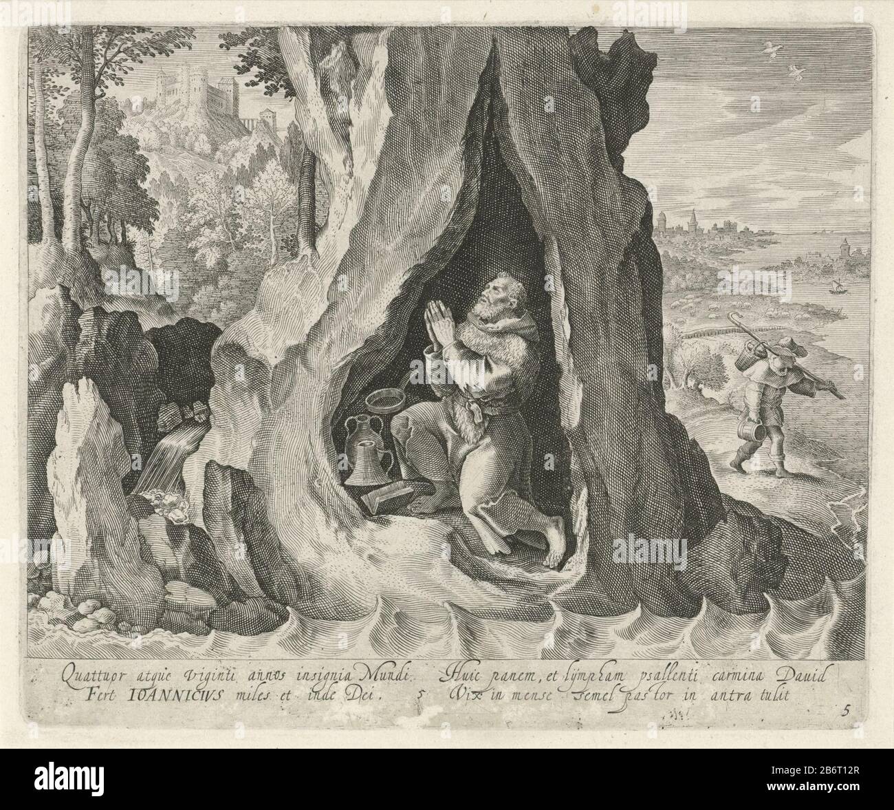 Der heilige Johannes von Bithynia, zog sich als Einsiedler in einer Höhle zurück. Am Rand einer Bildunterschrift in Latijn. Hersteller : Druckmaschine: Johannes von Londerseelnaar Design: Maerten The vos dating: 1580 - 1625 Physikalische Merkmale: Engra-Material: Papiertechnik: Engra (Druckverfahren) Maße: Plattenkante: H 170 mm × W 207 mm Betreff: Männliche Heilige (mit NAMEN) Anchorit, Hermithöhle, Grotte Stockfoto