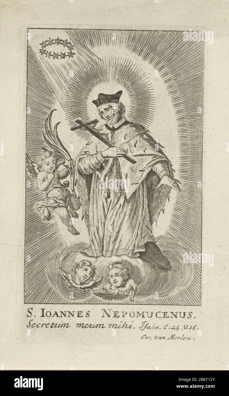H Johannes Nepomucenus St. Johannes von Nepomuk steht auf einer Wolke mit einem Kruzifix in der Hand. Neben ihm ein Engel mit Palmblatt. Über seinem Kopf ein Sterrenkrans. Hersteller : Druckerhersteller Cornelis van Merlen (Listed Property) Ort Herstellung: Antwerpen Datum: 160-1723 Physikalische Merkmale: Fahrzeugmaterial: Papiertechnik: Engra (Printing Process) Abmessungen: Plattenkante: H 111 mm × W 64 mm Betreff: Der Märtyrer Johannes Nepomuk; mögliche Attribute: Buch, Kruzifix, Nimbus oder Krone oder fünf Sterne, Vorhängeschloss, Handfläche, Zunge Stockfoto