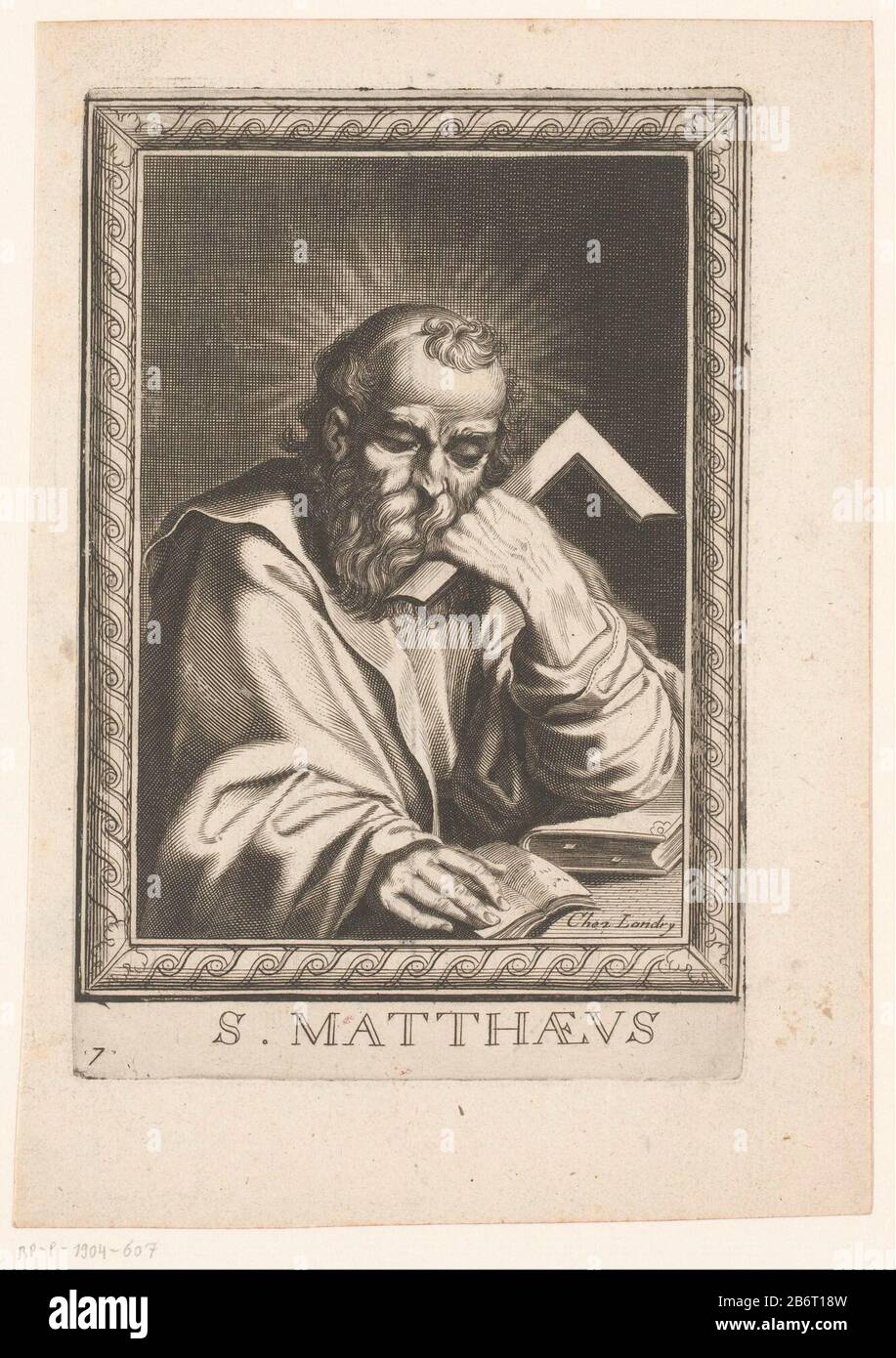 Unten links nummeriert 6. Hersteller : Druckmaschine: Pierre Landry (möglich) Herausgeber: Pierre Landry (in der Liste aufgeführt) Ort Herstellung: Druckmaschine: Frankreich Herausgeber: Paris Datum: 1640 - 1701 Material: Papiertechnik: Engra (Druckverfahren) Abmessungen: Plattenkante: H 165 mm × W 119 mm Betreff: Der Apostel und Evangelist Matthew (Mattheus); mögliche Attribute: Angel, Axt, Buch, halberd, Stift und Inkhorn, Geldbörse, Schriftrolle, Quadrat, Schwert - Porträt des männlichen Heiligen Stockfoto