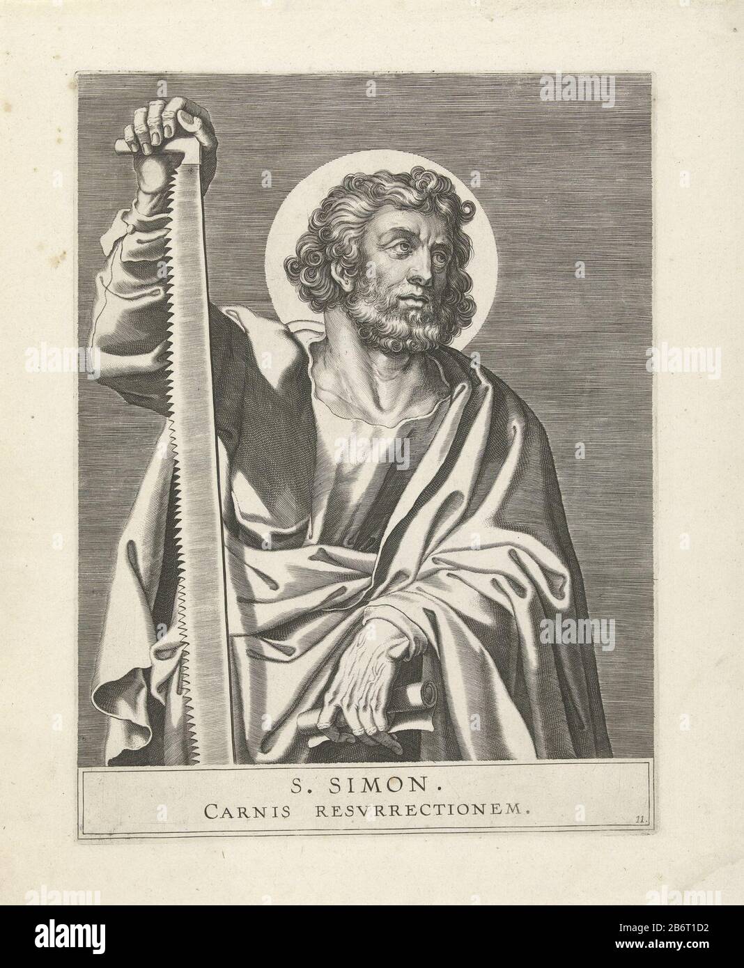 H Simon Holy Simon, mit einer Schriftrolle stehend und einer Holzsäge in seinem Handgemengel. Hersteller : Druckerhersteller Cornelis Galle (I) Ort Herstellung: Südniederland Datum: 1586 - 1650 Physische Merkmale: Fahrzeugmaterial: Papiertechnik: Engra (Druckverfahren) Abmessungen: Plattenkante: H 278 mm × W 213 mmToelichtingHandelsregisterenda zu Hollstein, Nr. 70c, eingetragen in der Kopie der Reading Rijksmuseum Bibliotheke. Betrifft: Der Apostel Simon der Zealot (oder Simon der Canaaniter). Mögliche Attribute: Buch, Säge, Bildlauf nach rechts und Stockfoto H Simon Holy Simon, mit einer Schriftrolle stehend und einer Holzsäge in seinem Handgemengel. Hersteller : Druckerhersteller Cornelis Galle (I) Ort Herstellung: Südniederland Datum: 1586 - 1650 Physische Merkmale: Fahrzeugmaterial: Papiertechnik: Engra (Druckverfahren) Abmessungen: Plattenkante: H 278 mm × W 213 mmToelichtingHandelsregisterenda zu Hollstein, Nr. 70c, eingetragen in der Kopie der Reading Rijksmuseum Bibliotheke. Betrifft: Der Apostel Simon der Zealot (oder Simon der Canaaniter). Mögliche Attribute: Buch, Säge, Bildlauf nach rechts und Stockfoto