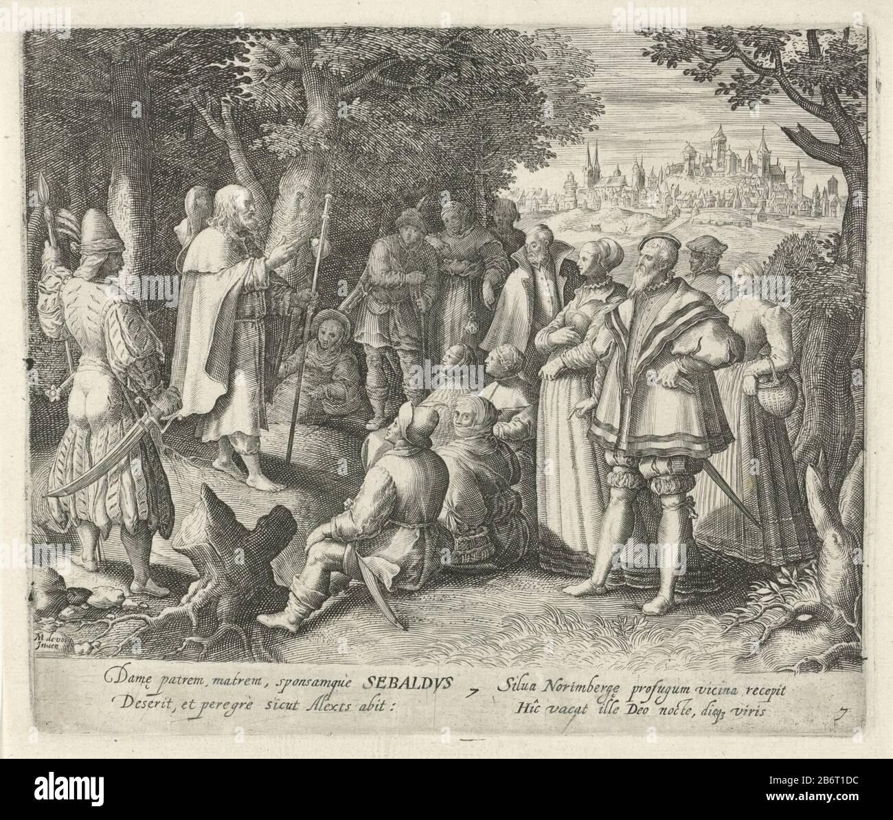 H Sebaldus van Neurenberg als kluizenaar Heiligen en kluizenaars (serietitel) heiliger Sebaldus, ein in Nürnberg gelegener Einsiedler, der einer Gruppe Predigt, versammelte das Publikum. Am Rand eine Überschrift in Latijn. Hersteller : Druckerhersteller Jan van Londerseelnaar Design: Marten de vos (denkmalgeschütztes Gebäude) Datum: 1580 - 1625 Physikalische Merkmale: Fahrzeugmaterial: Papiertechnik: Engra (Druckverfahren) Abmessungen: Plattenkante: H 168 mm × b 200 mm Betreff: Der Einsiedler und Pilger Sebald von Nürnberg; mögliche Attribute: Krone (zu seinen Füßen oder auf Buch), Modell des Kirchenrechts Stockfoto