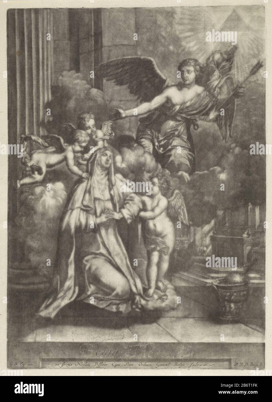 Die heilige Teresa von Avila, die Gründerin des Orden der Unbeschuhten Karmeliten, mit den Händen, die im Gebet geklemmt waren. Sie ist in die Gewohnheit der Karmeliter gekleidet und von Putten umgeben. Links ist ein Engel zu sehen, der einen Pfeil auf die betende Theresa gerichtet hat. In der Luft über dem Engel leuchtet ein Dreieck, das Symbol des Gottes Vader. Hersteller : Druckerhersteller Pieter van den Berge (unter Denkmalschutz) zum Gemälde von Gerard de Lairesse (unter Denkmalschutz stehendes Gebäude) Herausgeber: Nicolaes Visscher (I) (auf dem Objekt aufgeführt) Ort Herstellung: Amsterdam Datum: 1675 - 1737 Physische Merkmale: Mezzotint- und Engra-Material: Papiertechnik: Stockfoto