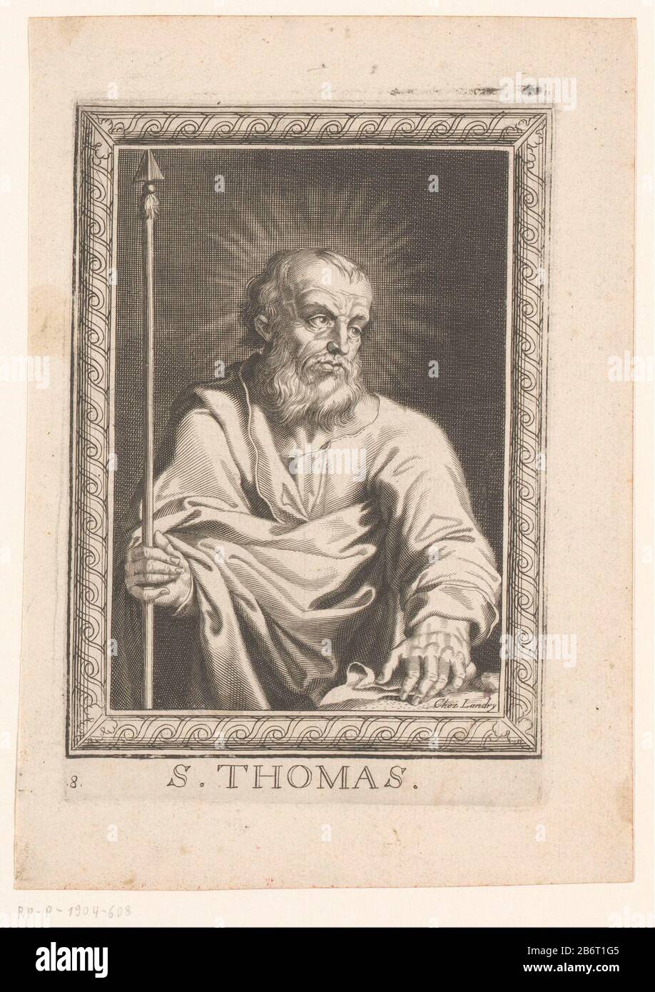 H Thomas S Thomas (titel op object) Twaalf Apostelen, de vier kerkvaders en Maria (serietitel) Unten links nummeriert 8. Hersteller : Druckmaschine: Pierre Landry (möglich) Herausgeber: Pierre Landry (in der Liste aufgeführt) Ort Herstellung: Druckmaschine: Frankreich Herausgeber: Paris Datum: 1640 - 1701 Material: Papiertechnik: Engra (Druckverfahren) Abmessungen: Plattenkante: H 166 mm × W 114 mm Betreff: Der Apostel Thomas; mögliche Attribute: Buch, Kelch, Gürtel, Herz, Speer oder Lanze, Schriftrolle, Quadrat, Steine - Porträt des männlichen Heiligen Stockfoto