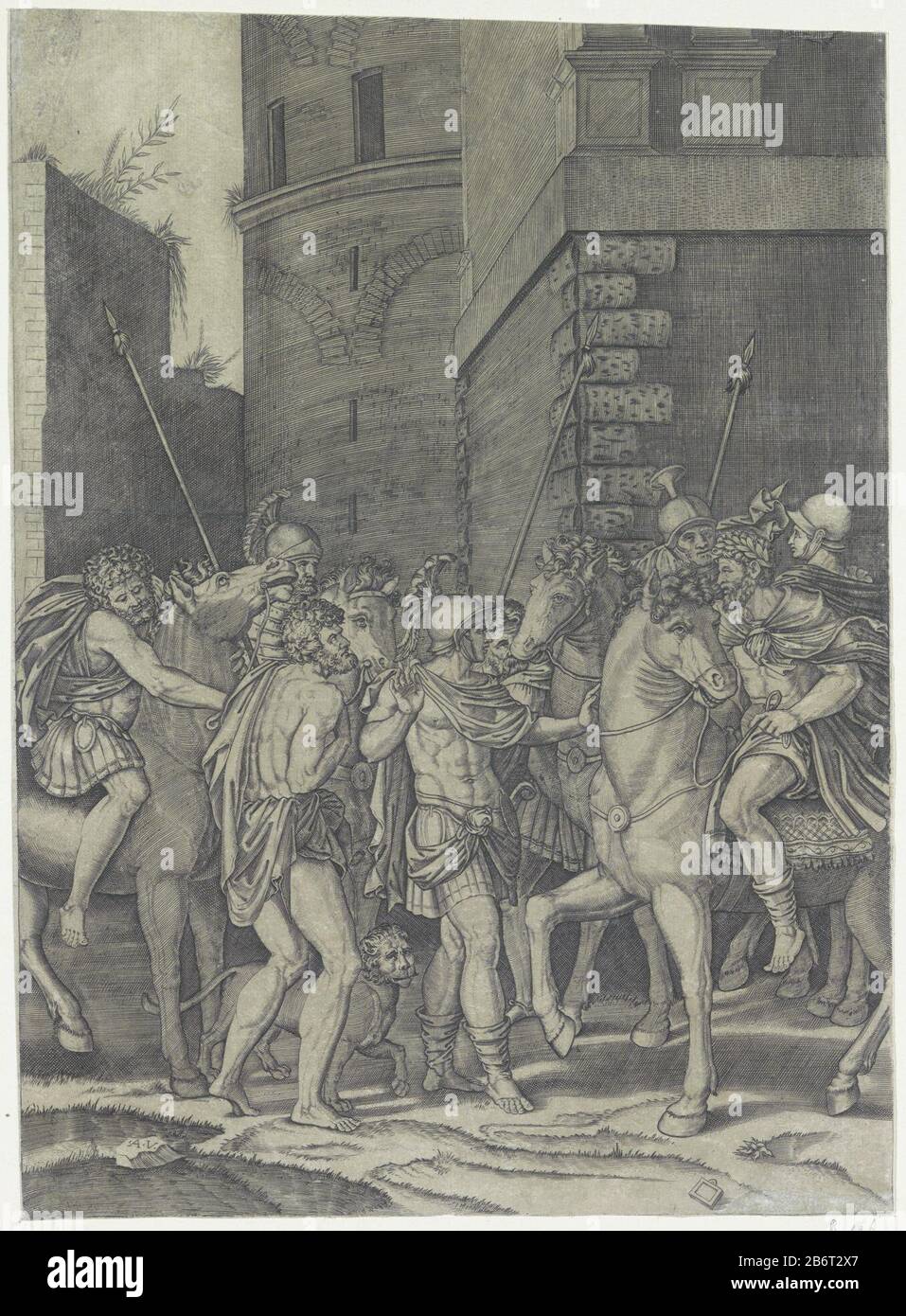 Hadrianus ontmoet Androclus Der römische Kaiser Hadrian, Pferd Androclus trifft auf die Linke, die von römischen Soldaten umgeben ist. Neben Androclus der Löwe von Der Who: NS-Bein er ein Dorn verwijderde. Hersteller: Druckmaschine: Agostino Veneziano (auf dem Objekt angegeben) auf ein Design von: Rafael (möglich) Herstellung: Italien Datum: 1500 - Ca. 1536 Physikalische Merkmale: Engra-Material: Papiertechnik: ENGRAA (Druckverfahren) Abmessungen: Blatt: H 369 mm (Innenkante der Schnittplatte) × W 268 mm (Innenkante der Schnittplatte) Hinweis Drucken Sie eine Zeichnung der Schule von Marcantonio Raimondi in der Metropolitan Mus Stockfoto