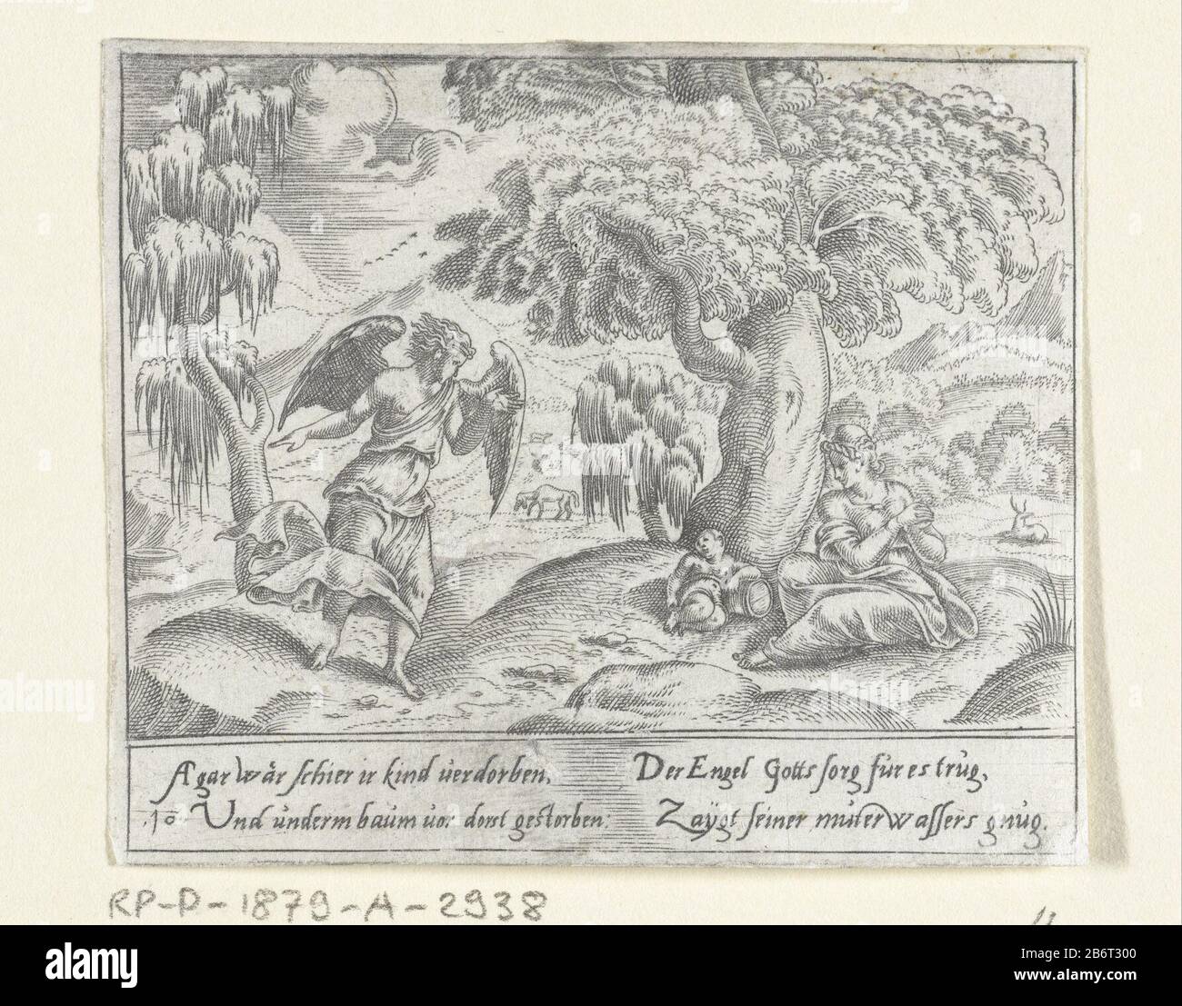 Hagar und Ishmael sitzen aus, um sich unter einem Baum auszuruhen. Sie haben kein Wasser. Ein Engel zeigt ihnen den Weg zu einer Ressource. Drucken Sie eine Serie von 12 Drucken mit dem Leben Abrahams aus. Alle Drucke haben vier Zeilen deutschen Erklärungstextes im ondermarge. Hersteller : Druckerhersteller Cornelis Forest Site Manufacturer: Groningen Datum: 1555 Physikalische Merkmale: Fahrzeugmaterial: Papiertechnik: ENGRAA (Druckverfahren) Abmessungen: Blatt: H 70 mm × W 84 mm Betreff Hagar und Ishmael in der Wildnis Stockfoto
