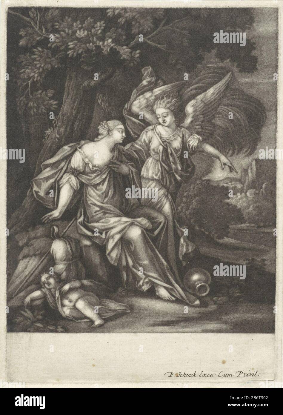 Ein Engel Hagar weist den Weg zu einer Ressource. Im Vordergrund ihr Sohn Ismaël. Hersteller: Druckmaschine: Anonymer Herausgeber: Peter Schenk (I) (denkmalgeschütztes Gebäude) Träger des Privilemmas: Anonymer (denkmalgeschützter Besitz) Ort Herstellung: Amsterdam Datum: 1.680 - 1713 Physikalische Merkmale: Mezzotint und Engra-Material: Papiertechnik: Mezzotint / Engra (Druckverfahren) Maße: Plattenkante: H 189 mm × W 135 mm Betreff: Ein Engel Erscheint und enthüllt Hagar einen Brunnen Wasser Stockfoto