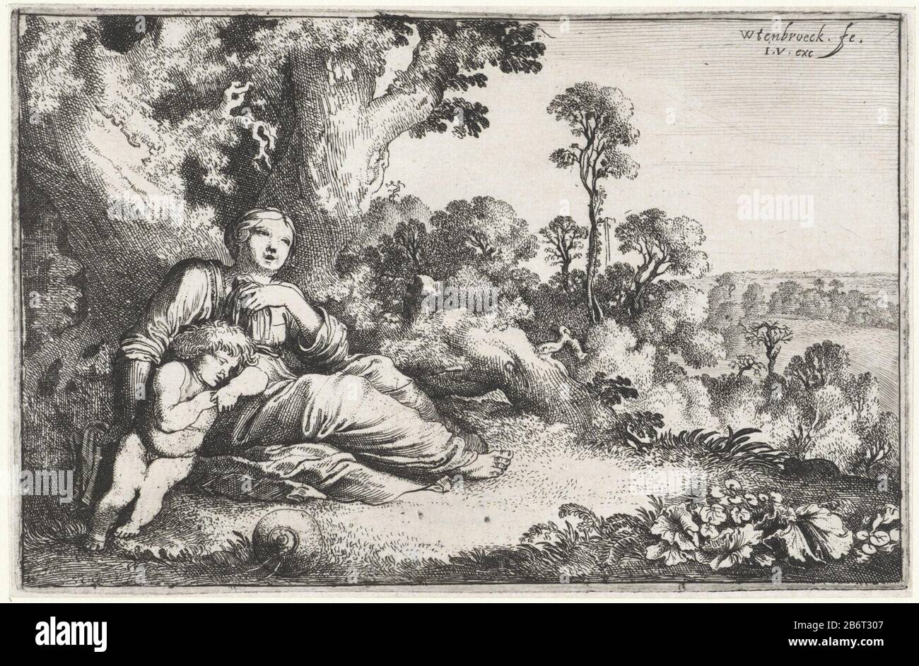 Hagar und Ishmael in der Wüste Objekttyp: Bild Artikelnummer: RP-P-1972-37Katalogisreferentie: Hollstein Hollstein Dutch 5-1 (2) Markierungen / Marken: Sammlermarke, umgekehrte untere Mitte, gestempelt: Lugt 2228 Sammlermarke, Verso Mitte unten, gestempelt: Lugt 2760 Sammlermarke, verso unten rechts,: Eine braune Tinte eingestanzt. (Foto angefordert Mark P. W. van Doorne.?) Beschreibung: Hagar ruht auf dem Boden eines großen Baumes. Ishmael lehnt sich an Haar. Hersteller: Druckmaschine: Moses van Uyttenbroeck (denkmalgeschütztes Gebäude) Herausgeber: Jan van de Velde (II) (denkmalgeschütztes Gebäude) Ort Herstellung: Druckmaschine: T Stockfoto