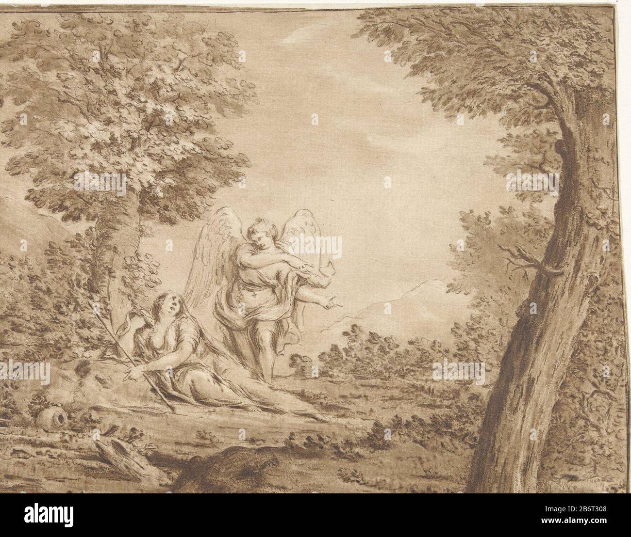 Hagar in de Woestijn Hagar liegt auf dem Boden in einer bergigen Landschaft. Ein Engel, der sie auf eine Wasserquelle zeigt. Rechts ist Ismail, das Kind von Hagar, versteckt unter einem struik. Hersteller : Druckmaschine: Jurriaan Cootwijcknaar Zeichnung von: Eustache LesueurPlaats Herstellung: Druckmaschine: Amsterdam Im Zeichnen: Paris Datum: 1759 Physikalische Merkmale: Druckzeichnung in Braun; Proofing Material: Papiertechnik: Bildzeichnung Abmessungen: Blatt: B 182 mm × H 143 mm Subjectan Angel Erscheint und zeigt Hagar einen Brunnen Wasser Stockfoto