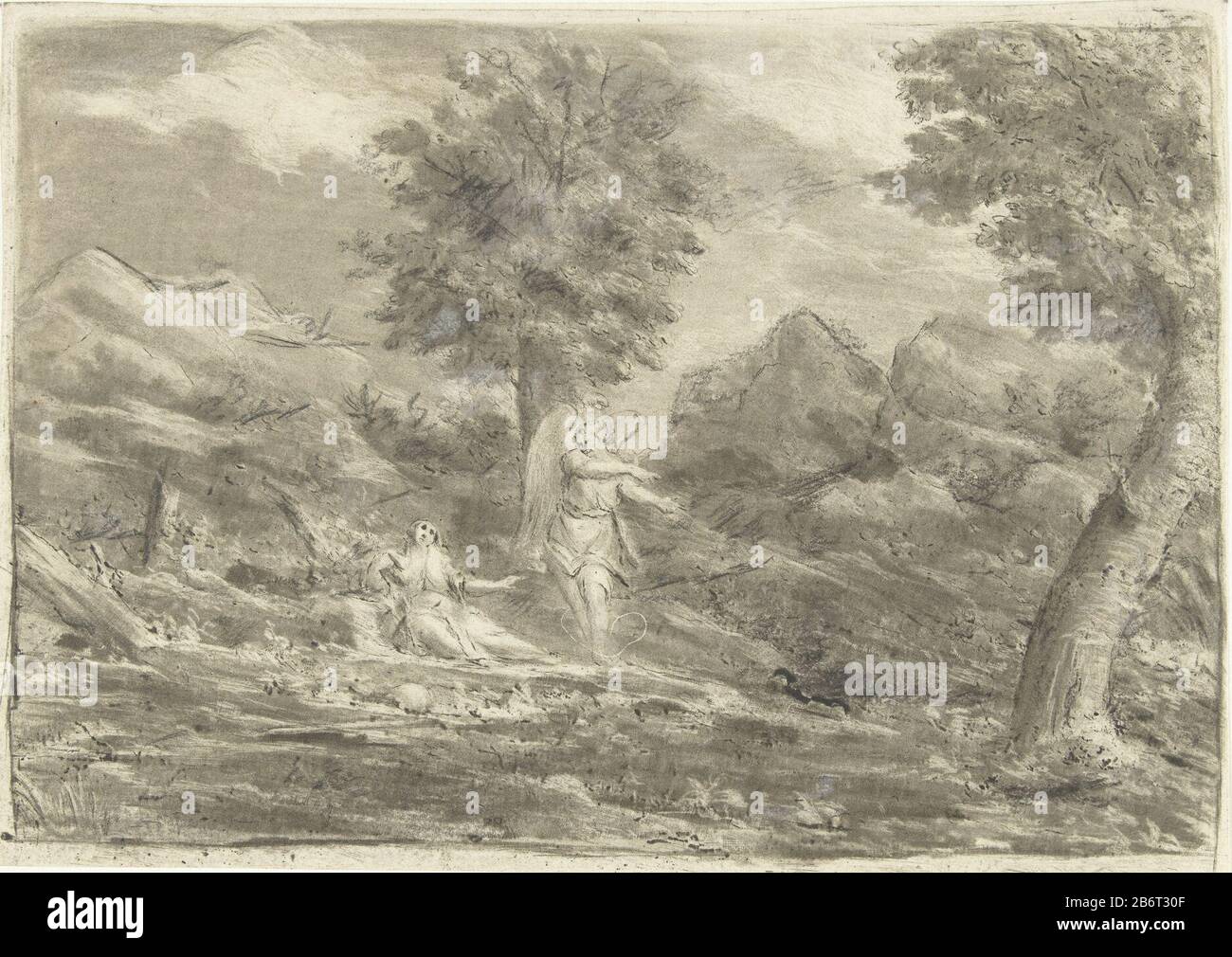 Hagar in de Woestijn Hagar liegt auf dem Boden in einer bergigen Landschaft. Ein Engel, der sie auf ein Wasserbron zeigt. Hersteller: Druckmaschine: Jurriaan Cootwijcknaar Zeichnung: Eustache LesueurPlaats Herstellung: Druckmaschine Amsterdam zum Zeichnen: Paris Datum: 1759 Physikalische Merkmale: Druckdesign; Proofing Material: Papiertechnik: Bildzeichnung Abmessungen: Blatt: B 187 mm × H 131 mm Subjectan Angel Erscheint und zeigt Hagar ein gut Wasser Stockfoto