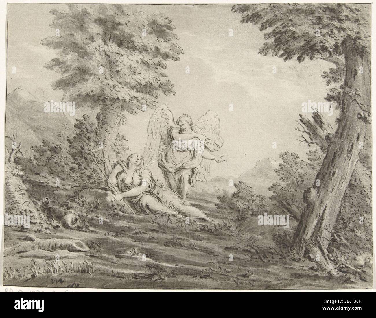 Hagar in de Woestijn Hagar liegt auf dem Boden in einer bergigen Landschaft. Ein Engel, der sie auf eine Wasserquelle zeigt. Rechts ist Ismail, das Kind von Hagar, versteckt unter einem struik. Hersteller : Druckmaschine: Jurriaan Cootwijcknaar Zeichnung von: Eustache LesueurPlaats Herstellung: Druckmaschine: Amsterdam Im Zeichnen: Paris Datum: 1759 Physikalische Merkmale: Druckzeichnung in Grau; Proofing Material: Papiertechnik: Zeichnung Druckabmessungen: Blatt: B 179 mm x H 140 mm Subjectan Angel Erscheint und zeigt Hagar einen Brunnen Wasser Stockfoto
