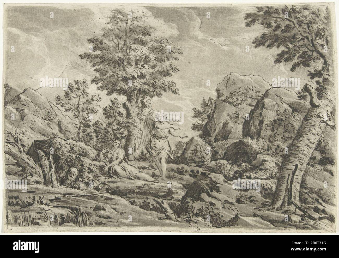 Hagar in de Woestijn Hagar liegt auf dem Boden in einer bergigen Landschaft. Ein Engel, der sie auf ein Wasserbron zeigt. Hersteller: Druckmaschine: Jurriaan Cootwijcknaar Zeichnung: Eustache LesueurPlaats Herstellung: Druckmaschine Amsterdam zum Zeichnen: Paris Datum: 1759 Physikalische Merkmale: Druckdesign; Proofing Material: Papiertechnik: Bildzeichnung Abmessungen: Blatt: B 186 mm × H 128 mm Subjectan Angel Erscheint und zeigt Hagar ein gut Wasser Stockfoto