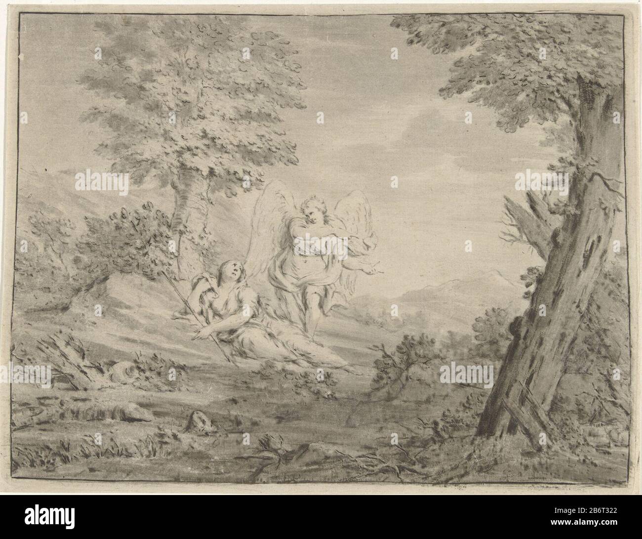 Hagar in de Woestijn Hagar liegt auf dem Boden in einer bergigen Landschaft. Ein Engel, der sie auf eine Wasserquelle zeigt. Rechts ist Ismail, das Kind von Hagar, versteckt unter einem struik. Hersteller : Druckmaschine: Jurriaan Cootwijcknaar Zeichnung von: Eustache LesueurPlaats Herstellung: Druckmaschine: Amsterdam Im Zeichnen: Paris Datum: 1759 Physikalische Merkmale: Druckzeichnung in Grau; Proofing Material: Papiertechnik: Bildzeichnung Abmessungen: Plattenkante b 185 mm × H 143 mm Subjectan Angel Erscheint und zeigt Hagar ein gut Wasser Stockfoto