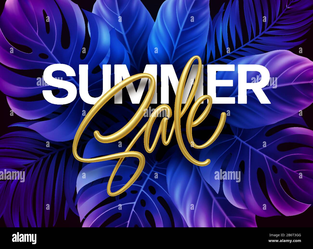 Golden Metallic Summer Sale Schriftzug auf einem violett hellen Hintergrund aus tropischen Pflanzen. Vektorgrafiken Stock Vektor