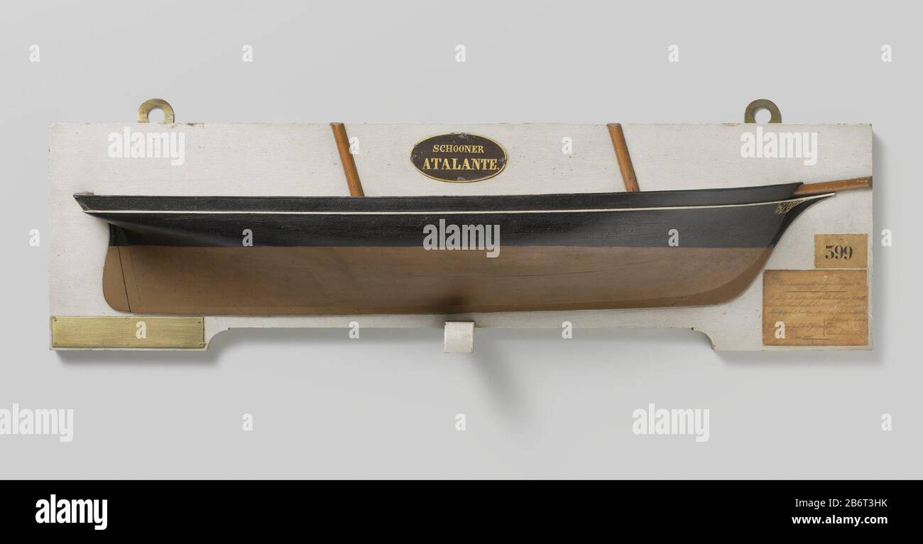Halfmodel van een schoener van 1 Stuk Halbmodell eines Schoener von einem Stück Objekttyp: Schiffsmodell Halbmodell Hof Modellnummer: NG-MC-399 Aufschriften / Marken: Beschriftung, Oberzentrum, auf einem ovalen braunen Etikett: 'SCHOONER® / ATALANTE.'opschrift, unten rechts, an einem Stück Papier, in Tinte: 'MAß.:. / [Gefolgt von Messungen] 'Skala, unten links: Messingskala in Zoll-Etikett, Mitte rechts,' 399 ', eine frühere Inventarnummer Beschreibung: Polychrom beplanktes alberes Modell (Steuerbord) eines Ketchs. Das Deck ist geschlossen. Scharfer Bogen, Schleifenbock mit vergoldetem Blattwerk. Elliptische fen Stockfoto