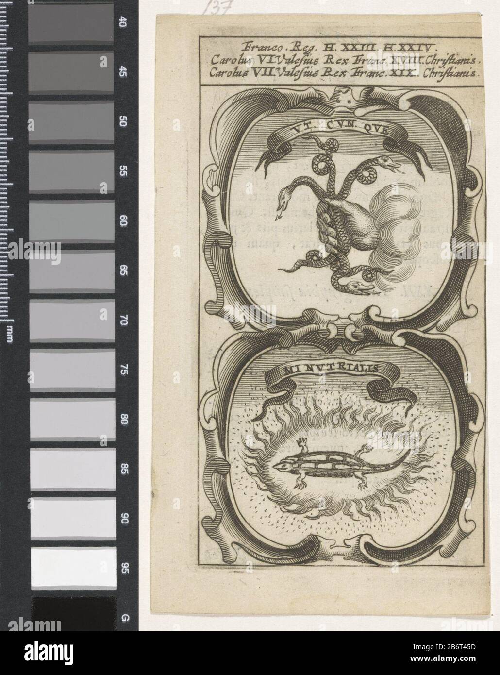 Hand met drie sangen Salamander in het vuur Ut Cun Que Mi Nutrialis (titel op object) Symbola Divina et Humana Pontificum Imperatorum Regum (serietitel) Een embleem met twee voorstellingen. Boven een Hand in de wolken met drie sangen. Daaronder een salamander in het vuur. Das Hotel liegt in der Stadt Karel VI. Und Karel VII Hersteller : Hersteller: Anoniemnaar prent van: Aegidius Sadeler dating: 1666 Physikalische Kenmerken: Tiefdruck; verso traf tekst in boekdrauk Material: Papier Techniek: Graveren (Drukproceé) / boekdrauk Abmessungen: Plaatrand: H 122 mm × b 66 mmToelichtingina Pagina Stockfoto