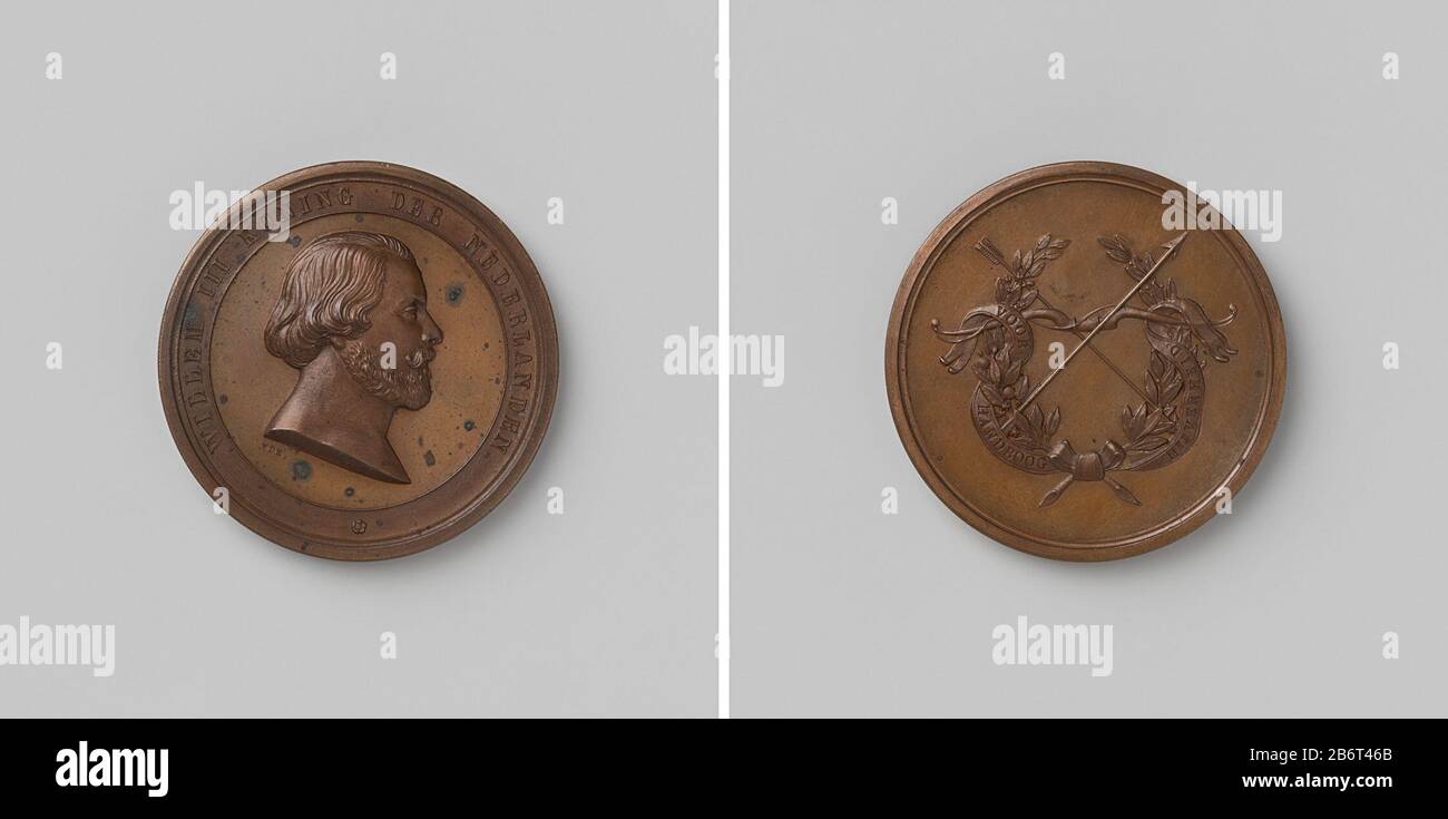 Handboog Nijverheid, Penning ter ere van Willem III, koning der Nederlanden Bronzen Penning. Voorzijde: Borststuk man binnens omschrift. Keerzijde: Twee gekruiste pijlen op een handboog binnen tot krans samengeboneden lauwer- en myrtetak, omwonden met lint met opschrift Hersteller : David van der Kellen (1804-1879)Plaats Herstellung: Utrechter dating: 1851 Material: Brons Techniek: Slaan Dimensions: D 4,3 cm. × g 389 gr Datum: 1851 - 1851 Stockfoto