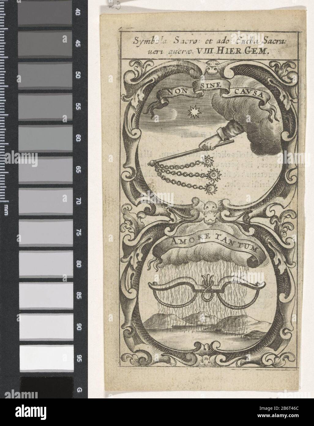 Hand met strijdvlegel Regenwolk met juk Non Sine Causa Amore Tantum (titel op object) Symbola Divina et Humana Pontificum Imperatorum Regum (serietitel) Een embleem met twee voorstellingen. Boven heeft een Hand in de wolken een strijdvlegel vast. Daarbij een ster. Daaronder een juk met samengebonden touwen onder een regenwolk. Hersteller: Rentner: Anoniemnaar prent van: Aegidius Sadeler dating: 1666 Physikalische Kenmerken: Tiefdruck; verso traf tekst in boekdrauk Material: Papier Techniek: Graveren (Drukproceduré) / boekdrauk Abmessungen: Plaatrand: H 121 mm × b 65 mmToelichtingina Jacob Typo Stockfoto