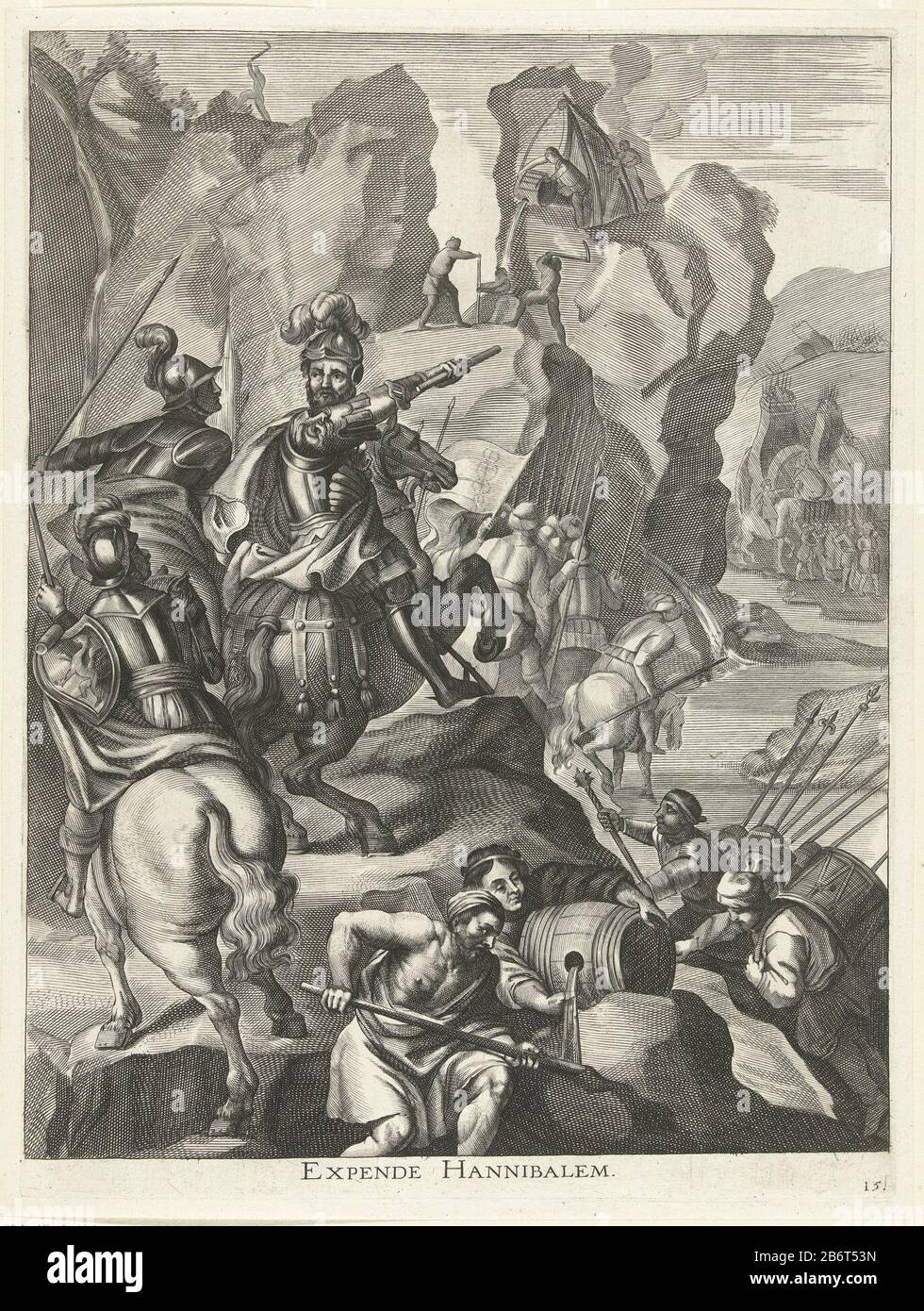 Hannibal steekt de Alpen über intocht van Ferdinand te Gent 1635 Expende Hannibalem (titel op object) zu seinem Heer über die Alpen (218 v. Chr.), wie es später Ferdinand tun würde. Präsentation links oben im Triumphbogen Arcus Fernandi auf dem Freitagsmarkt. Blatt Nr. 15 in einer Serie von 42 Platten, die die Ausgabe der Beschreibung des Eintrags des Kardinal-Infanten Ferdinand von Österreich am 28. Januar 1635 in Gent als neuer Gouverneur der spanischen Niederlande illustriert. Hersteller:. Druckmaschine: Antony van der Malt: Nicolas de Liemakernaar Design: Peter Paul Rub Stockfoto
