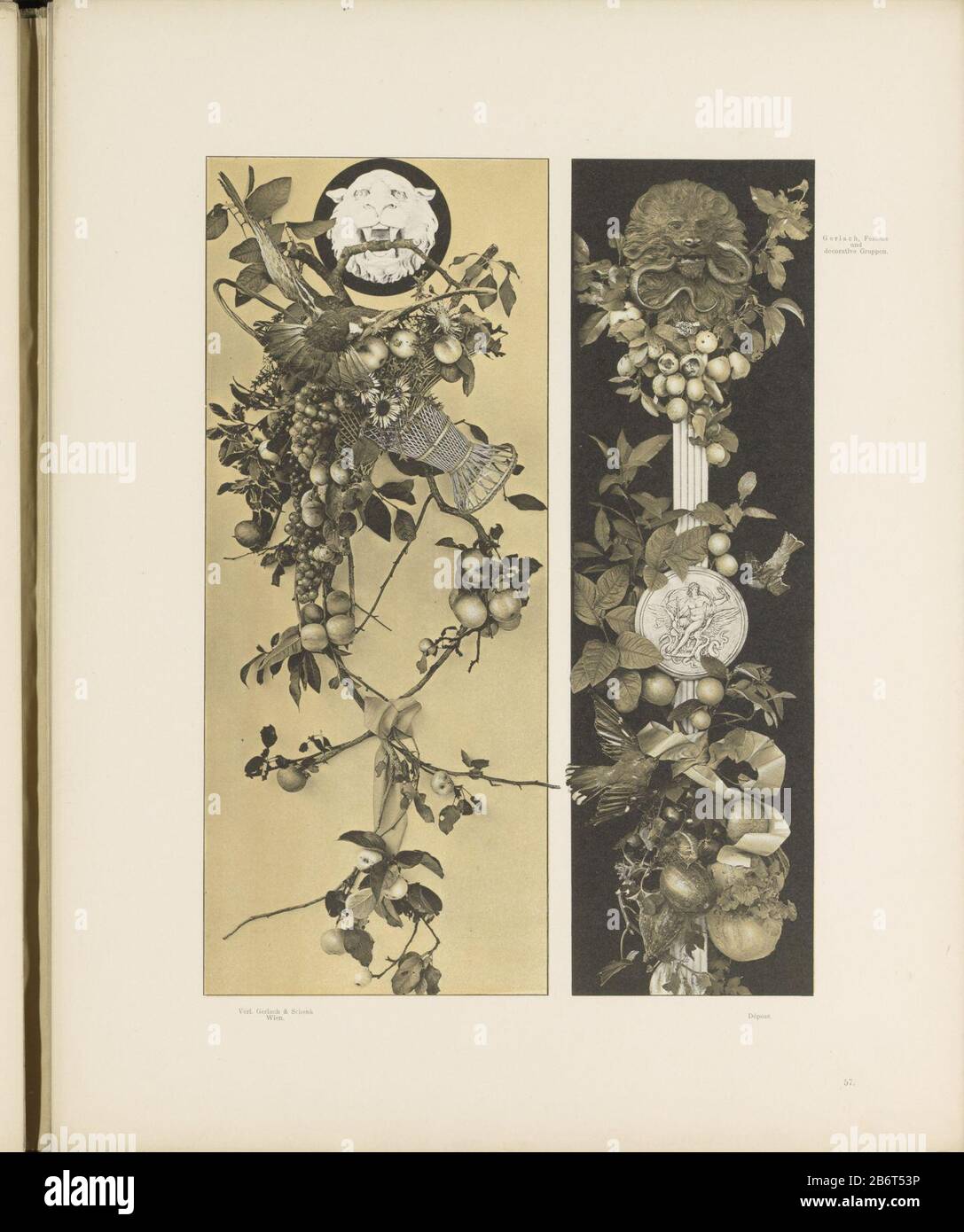 Hangwerk van appels en een leeuwenkop en een festoen van pompoenen en een Medaillon Work Hängen Äpfel, und einen Löwenkopf und einen Feston Kürbisse und einen Medaillonobjekttyp: Fotomechanische Druckseite Artikelnummer: RP-F 2002-21-2-27 Aufschriften / Marken: Nummer, Nachdruck, gedruckt: '57. Herstellerschaffer: Schöpfer: Anonymer Verleger: Gerlach & Schenk (börsennotiertes Eigentum) Ort Herstellung: Schöpfer: Österreich Herausgeber: Wien Datum: CA. - oder für das Material von 1897: Papiertechnik: Lichtdruck Abmessungen: Seite: H 405 mm × W 320 mm Betreff: Schmuck  Festoon, Girlandornament  Medaillonlöwe He Stockfoto