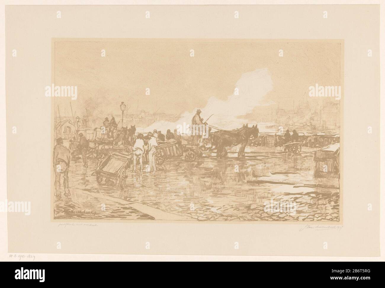 Havengezicht in Rotterdam Menschen mit Pferd und Kutsche im Hafen. In der Mitte eine Rauch- oder Nebeldecke. In den Hintergrundmasten schepen. Hersteller : Druckerhersteller Johan Hendrik van Mastenbroek (persönlich unterzeichnet) Datum: 1917 Physikalische Merkmale: Tonlithografie in Braun mit beigefarbenem Tonblock; Proofing Material: Papiertechnik: Tonlithographie-Abmessungen: Blatt: H 355 mm × W 522 mm Betreff: Hafen (Hof) Wagen, Güterwagen, Karre Pferd, das von Rotterdam stammt Stockfoto