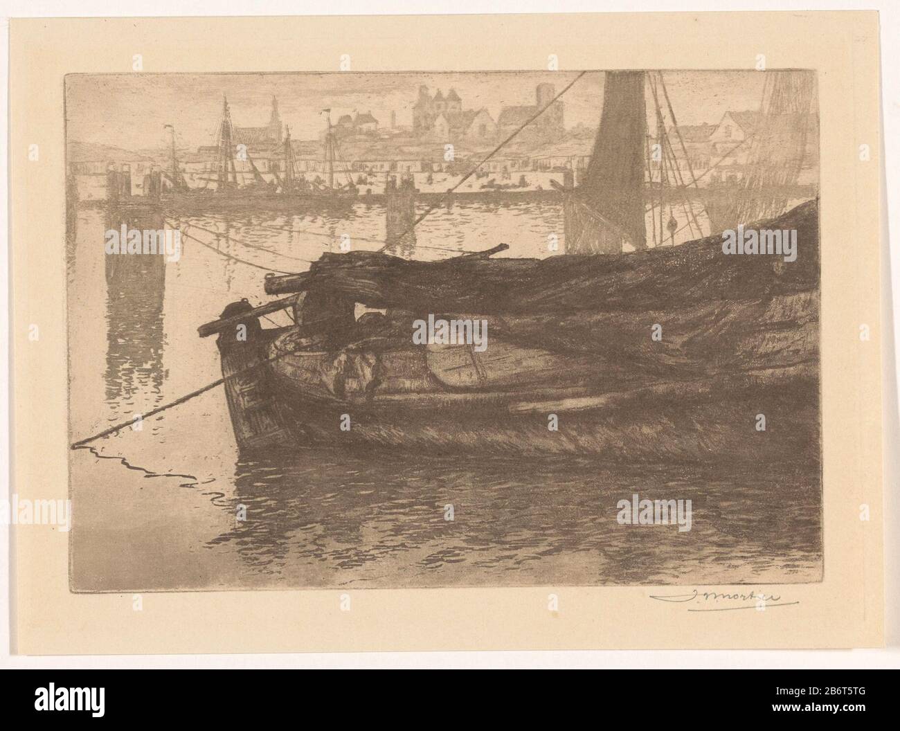 Haven van Scheveningen Im Vordergrund ein vermauertes segelboot. Im Hintergrund die Silhouette einiger kerken. Hersteller : Druckerhersteller Jan Willem Nortier (persönlich signiert) Datum: 50-199 Physikalische Merkmale: Ätzung und Plattenton braunes Material: Papiertechnik: Ätzung / Plattentonabmessungen: Plattenkante: H 167 mm × W 243 mm Betreff: Hafen wo Scheveningen Stockfoto