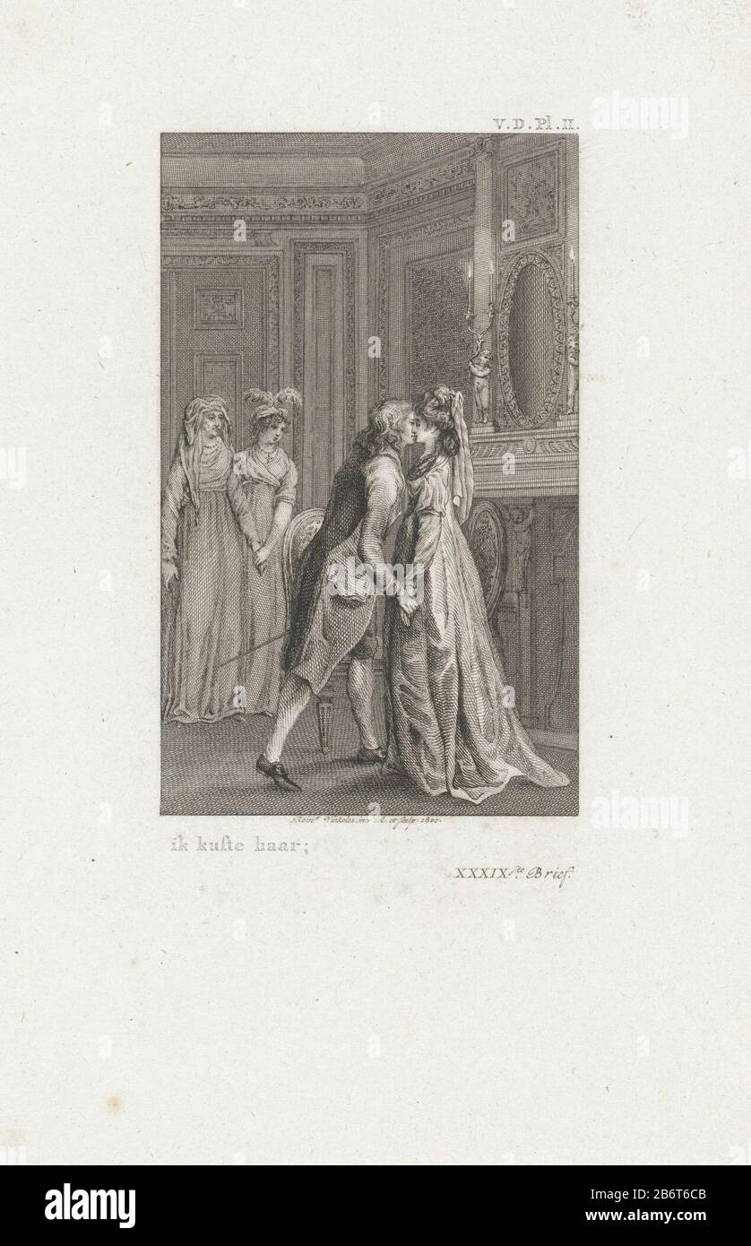 Heer kust een dame in een vertrek In Anwesenheit von zwei Frauen, die einen Mann eine Frau auf ihrem Mandel küssen. Hersteller : Druckmaschine: Reinier Vinkeles (I) (denkmalgeschütztes Gebäude) Ort Herstellung: Amsterdam Datum: 1800 Physikalische Merkmale: Ätzung und Engra-Material: Papiertechnik: Ätzung/Engra-Messung (Druckverfahren) Maße: Blatt: H 238 mm × W 156 mmToelichtingIllustratie von: Richardson, Samuel. Geschichte von Charles Grandison. Amsterdam: Johannes Allart, 177-1802. Subjekt (Liebhaber) küsst eachother Kerze Stockfoto