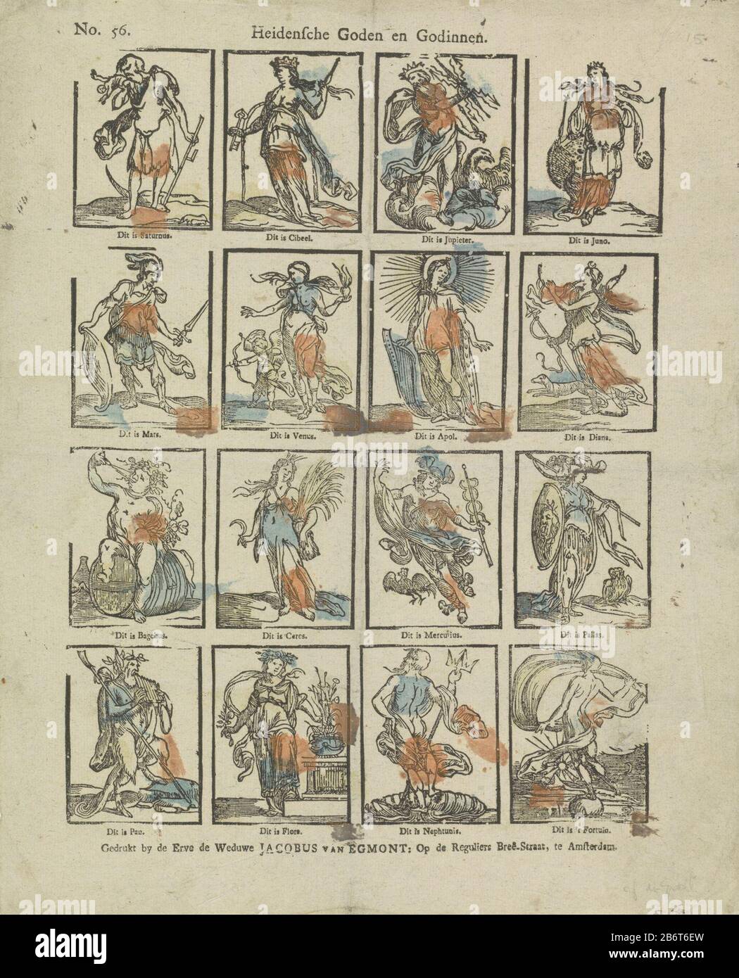 Heidensche Goden en Godinnen (titel op object) Blatt mit 16 Darstellungen heidnischer Götter und Göttinnen, darunter Wer: Jupiter, Juno, Apollo, Ceres, Merkur und Neptun. Zeigen Sie unter jedem einen Titel an. Oben links nummeriert: Nr. 56. Hersteller : Herausgeber: Erven Widow Jacobus van Egmont (denkmalgeschütztes Gebäude) Druckmaschine: Anonymer Ort Herstellung: Amsterdam Datum: 1761 - 1804 Physische Merkmale: In Gelb, Blau und Orange gefärbter Holzschnitt; Textdruckmaterial: Papiertechnik: Holzschnitt / Farben / Druckformate: Blatt: H 400 mm × W 323 mm Betreff: Götter  klassische Mythologie (Geschichte der Venus) (Aphrodite Stockfoto