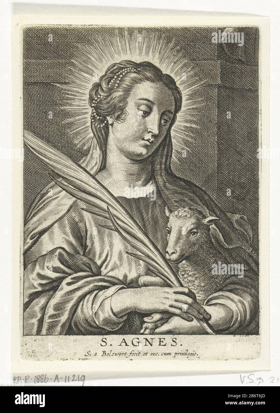 Heilige Agnes traf Lam S Agnes (titel op object) die heilige Agnes mit worraN. Agnes (Titelobjekt) Objekttyp: Bild Artikelnummer: RP-P-1886-A-11219Catalogusreferentie: Hollstein Dutch Hinweis: Hinweis RPK: Höhle 258A Aufschriften hinzufügen / Marken: Sammlermarke, umgekehrte untere Mitte, gestempelt: Lugt 2228 Hersteller: Druckmaschine: Schelte Adamsz. Bolswert (denkmalgeschütztes Gebäude), entworfen von Peter Paul Rubens Verlag: Schelte Adamsz. Bolswert (Listed Property) Privileg Unknown (Listed Building) Vom: 1596 - 1659 Physical Features: Car Material: Paper Technique: Engra (Printing Process) Dimensio Stockfoto