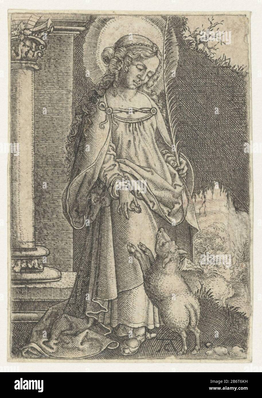 Heilige Agnes Saint Agnes mit Palmen- und Lam-Hersteller : Druckmaschine: Monogrammy AC (16. Jahrhundert) Druckmaschine: Allaert Claesz. (Möglich) Herstellung: Niederlande Datum: 1520 - 1562 Abmessungen: Blatt: H 69 mm × W 47 mm Betreff: Die jungfräuliche Märtyrerin Agnes von Rom; mögliche Attribute: Lamm, Ring Stockfoto