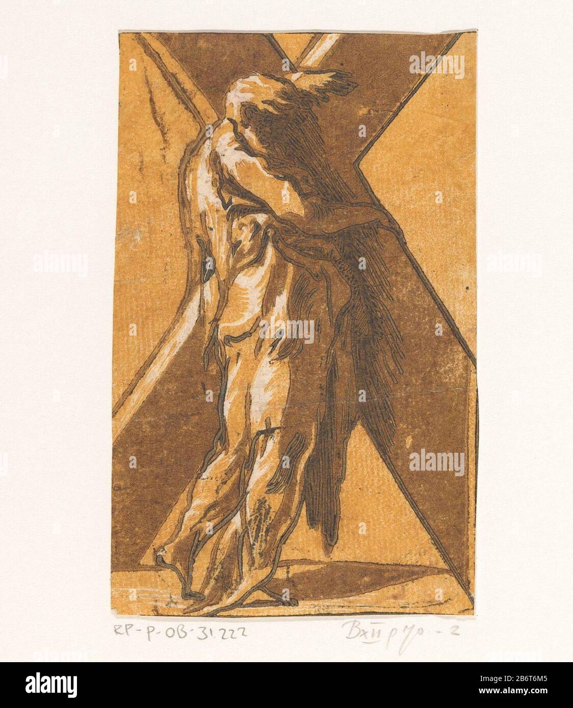 Heiliger Andreas Christus en de twaalf Apostelen (serietitel) Der stehende Apostel Andreas mit kruis. Hersteller: Druckmaschine Antonio da Trento (zugeschrieben) zum Entwurf: Parmigianinoplaats Herstellung: Italien Datum: CA. 1520 - ca. 1.550 Physische Merkmale: Holzschnitt in Schwarz und Braun in Chiaroscuro; gedruckt aus einer Holzblocklinie und zweifarbigen Holzblöcken; griechische Texte auf Verso-Druckmaterial: Papiertechnik: Holzschnittgröße Chiaroscuro: Blatt: H 124 mm × W 77 mmToelichtingDeze Print ist Teil einer Serie von dreizehn Drucken mit Christus und den Aposteln stehenden Figuren. Die Serie ist uncompleet. So Stockfoto