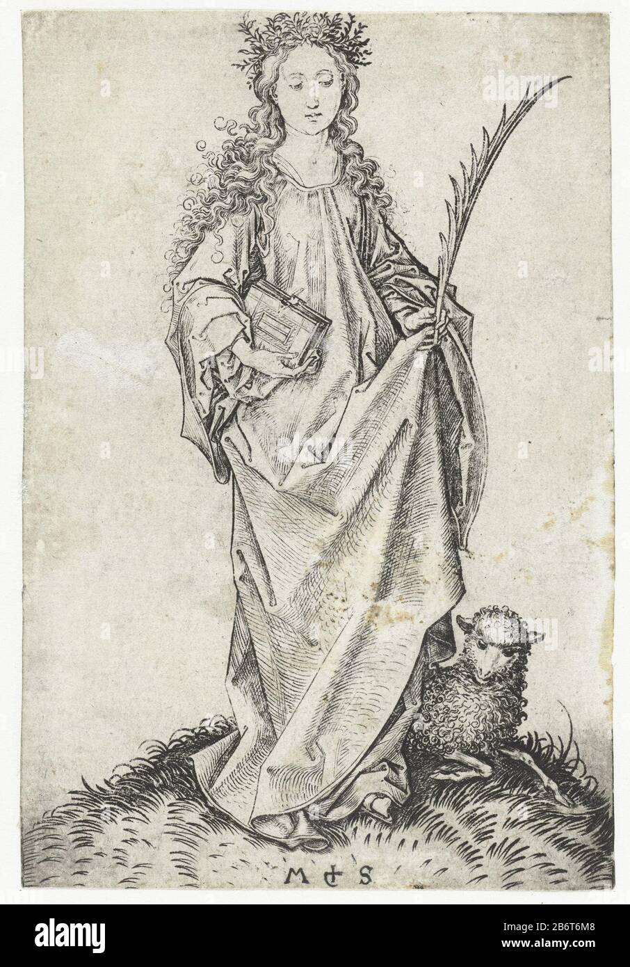 Heilige Agnes Die St. Agnes mit einem Palmzweig in der einen und einem Buch in der anderen Hand. Ein Schaf ist ihr Voeten. Hersteller : Druckerhersteller Martin Schongauer (denkmalgeschütztes Eigentum) Ort Herstellung: Deutschland Datum: 1470 - 1490 Physikalische Merkmale: Fahrzeugmaterial: Papiertechnik: Enga (Druckverfahren) Abmessungen: Blatt: H 150 mm × W 102 mm Betreff: Die jungfräuliche Märtyrerin Agnes von Rom; mögliche Attribute: Lamm, Ring Stockfoto