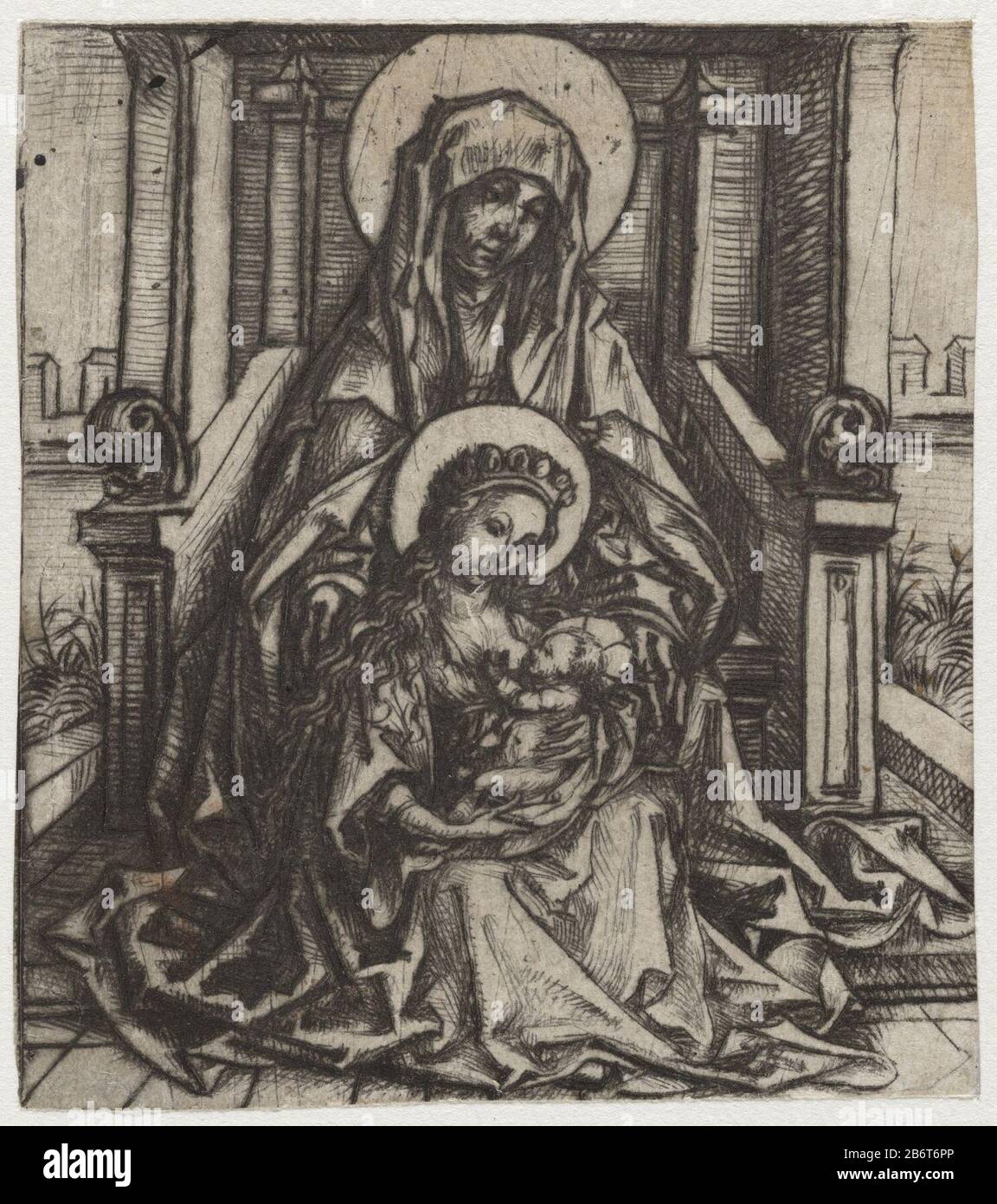 Heiliger Anne, Maria und Christus Kinderfertiger: Druckereimeister Meister des Amsterdamer Kabinetts nach eigenem Entwurf: Meister des Amsterdamer Kabinetts Herstellung: Deutschland Datum: 1488 - 1492 Physische Merkmale: DRYPOINT Material: Papiertechnik: DRYPOINT Abmessungen: Blatt: H 85 mm × W 76 mmToelichtingunicum, sehr schwarze Trockenmasse Thema: Anna selbdritt, also Anna, Maria und Christuskind schließen sich zusammen und Stockfoto