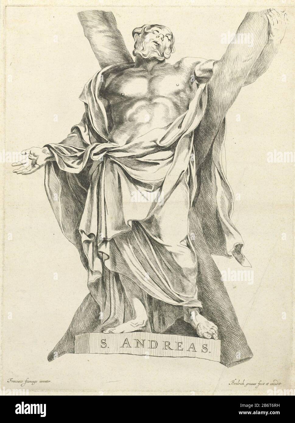 Heiliger Andreas Heiliger Andreas, mit x-förmigem Kreuz. Die Statue von François Duquesnoy. Hersteller : Druckhersteller: Hendrick de Graauw (denkmalgeschütztes Gebäude) zum Ansehen: François Du Quesnoy (denkmalgeschütztes Gebäude) Herausgeber: Hendrick de Graauw (denkmalgeschütztes Objekt) Datum: CA. 1637 - 1693 Physikalische Merkmale: Ätzmaterial: Papiertechnik: Ätzmaße: Plattenkante b 312 mm x h 413 mm Betreff: Der Apostel Andreas; mögliche Attribute: Buch, X-förmiges Kreuz, Fisch, Fischnetz, Seil, Bildlauf rechts und Stockfoto
