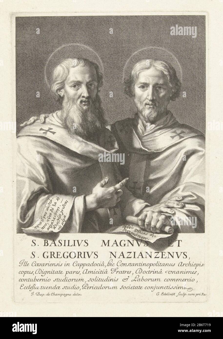 Heiliger Basilius en de heilige Gregorius van Nazianze Porträt auf halber Länge des heiligen Basil und des heiligen Gregor von Nazianzus. Unter der Show eine Bildunterschrift in Latijn. Hersteller: Druckerhersteller Gerard Edelinck (börsennotiertes Eigentum) zur Zeichnung durch Jean-Baptiste de Champaigne (börsennotiertes Eigentum) Privilegienanbieter: Ludwig XVI. (König von Frankreich) (denkmalgeschütztes Eigentum) Herstellung: Druckhersteller: Paris im Zeichnen: Paris Grantor des Privileg: Frankreich Datum: 1666 - 1707 Physische Merkmale: Engra-Material: Papiertechnik: Engra-Messungen (Druckverfahren): Plattenkante: H 228 mm × W 153 mm Betreff: Stecker s. Stockfoto