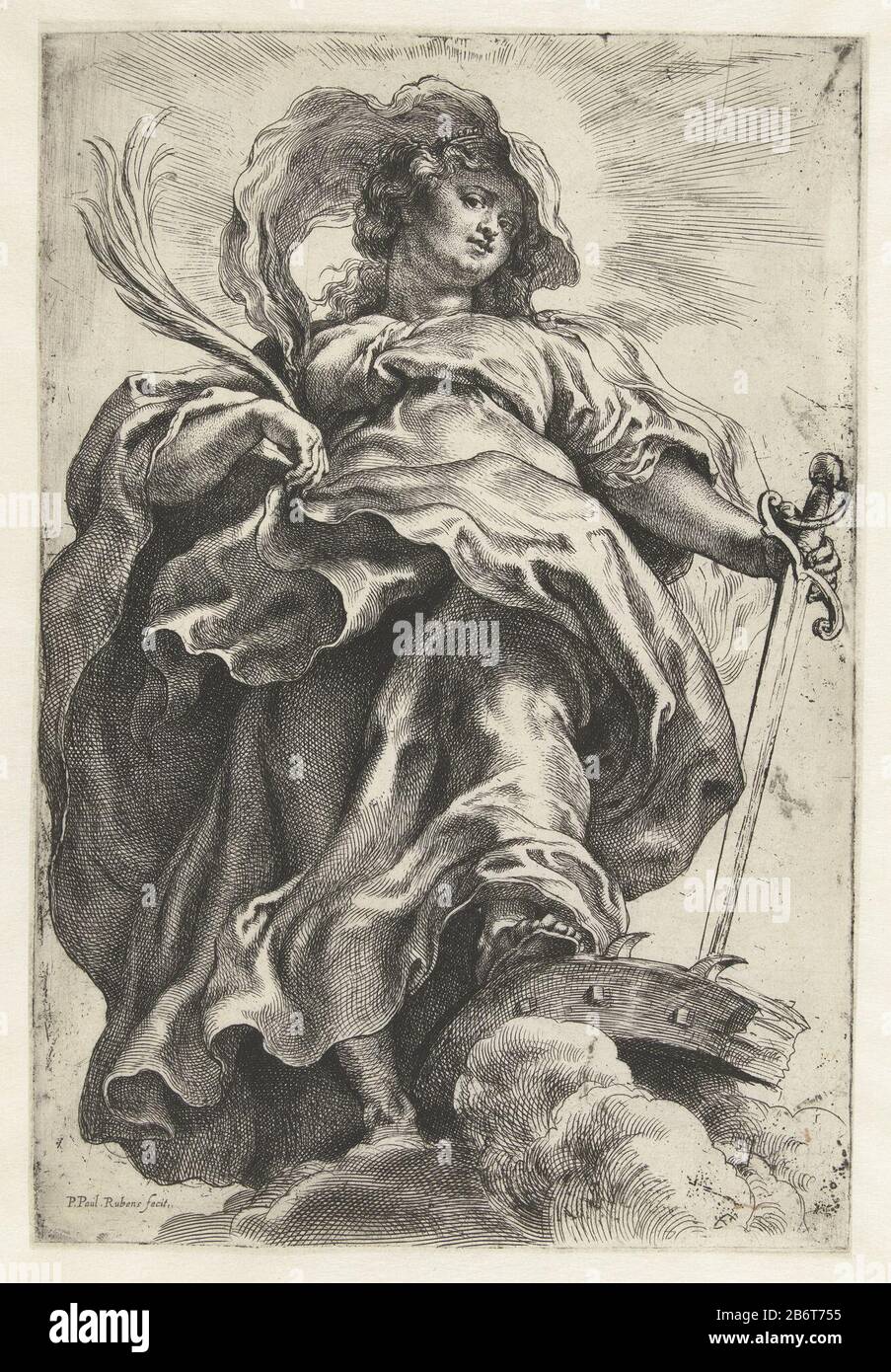 Die heilige Katharina von Alexandrien, die mit ihren Füßen auf einer zerbrochenen Who ruht: L, in der linken Hand ein schweres d und eine Palmenfiliale in ihrem rechten Hersteller: Druckerhersteller Peter Paul Rubens (zugeschrieben) Ort Herstellung: Niederlande Datum: 1590 - 1640 Physische Merkmale: Ätzung und Engra-Material: Papiertechnik: Ätzung/Engras (Druckverfahren) Maße: Plattenkante: H 296 mm × W 198 mm Subjekt: Die jungfräuliche Märtyrerin Katharina von Alexandria; mögliche Attribute: Buch, Krone, Kaiser Maxentius, Palmzweig, Ring, Schwert, Rad und Rechts Stockfoto