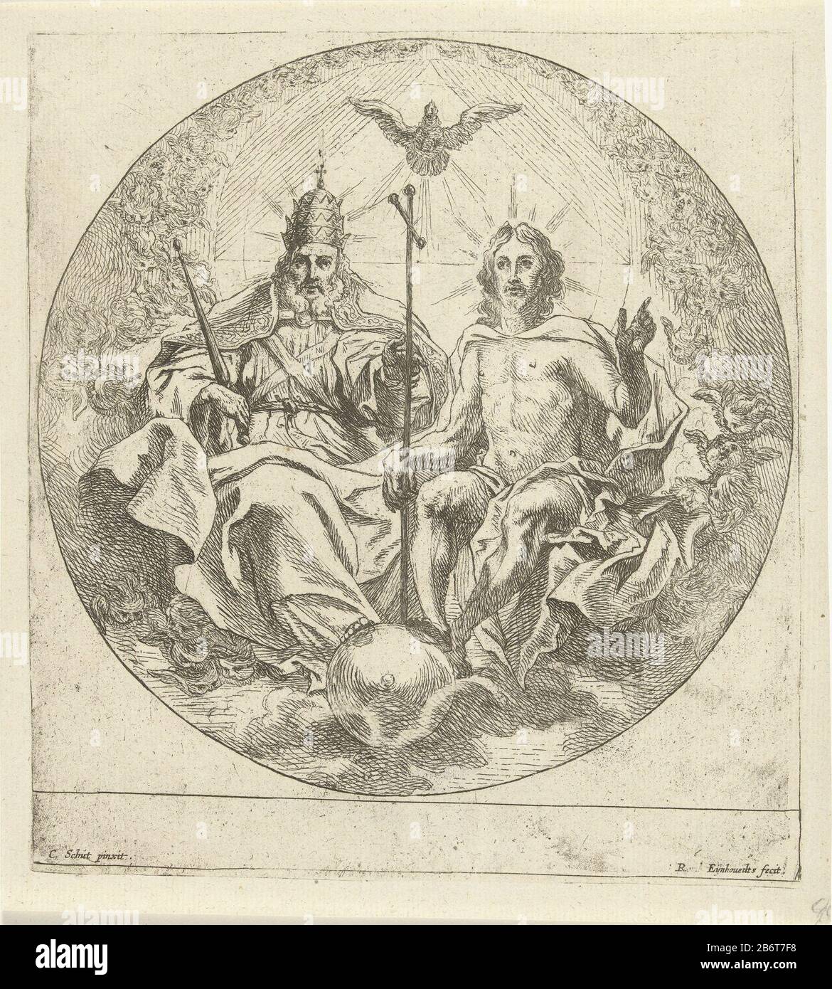 Christus und Gott der Vater, nebeneinander mit ihnen der heilige Geist, der als Duif dargestellt wird. Hersteller: Druckmaschine: Remoldus Eynhoudts (denkmalgeschütztes Eigentum) zum Gemälde von Cornelis Schut (I) (denkmalgeschütztes Gebäude) Herstellung: Antwerpen Datum: 1626 - 1680 Physikalische Merkmale: Ätzmaterial: Papiertechnik: Ätzmaße: Plattenkante: H 203 mm × W 185 mm Betreff: Die heilige Dreifaltigkeit, 'Trinitas Coelestis; Vater, Sohn und Heiliger Geist  christliche Religion Stockfoto