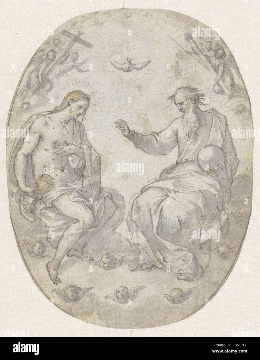 Heilige Drie-eenheid Holy Trinity Objekttyp: Zeichnung Objektnummer: RP-T-1996-63 Aufschriften / Marken: Aufschrift verso auf verso altem Design: Goltius Hersteller: Künstler: Anonymer Ort Herstellung: Süddeutschland Datum: Ca. 1600 Physische Merkmale: Stift in graubraun, Bürste in grau, gelb und pink, Konturen Doorgrivelmaterial: Papiertinte Technik: Stift/Bürste/Bürste/Bürste/nach Griffelabmessungen: H 165 mm × W 127 mm Stockfoto