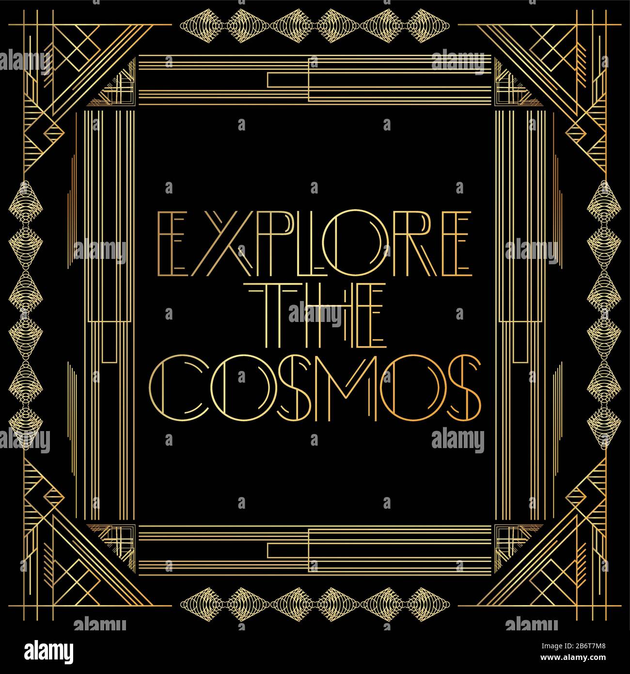 Art Deco Erkunden Sie den Text des Kosmos. Goldene dekorative Grußkarte, Schild mit Vintage-Buchstaben. Stock Vektor