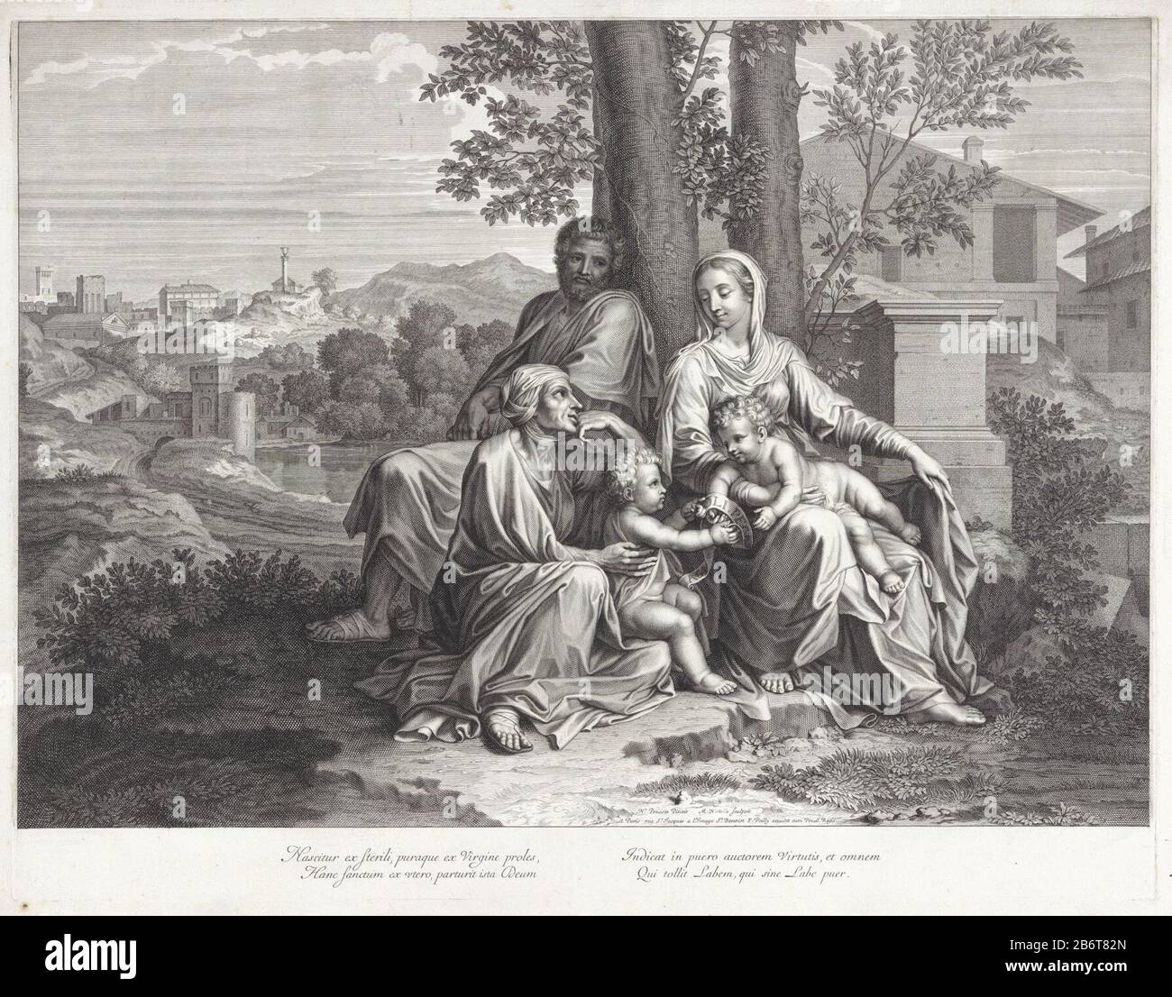 Die Heilige Familie traf Elisabet en Johannes de Doper Unter drei Bäumen in einer Landschaft ist Maria mit Christus auf dem Schoß. Neben ihr steht Elizabeth, die Maria und ihren Sohn Johannes der Täufer vor ihm aufsucht. Johannes weist auf Christus hin und hält eine Schriftrolle in der Hand mit einem Teil des Textes "Da ist das Lamm Gottes, das die Schuld der Welt wegnimmt" in lateinischer Sprache. Joseph lehnt sich hinter den Frauen an den Baum. Unter einem vierzeiligen Text in Latijn. Hersteller in der Gewinnspanne: Druckerhersteller Michel Natalis (denkmalgeschütztes Objekt) zum Gemälde von Nicolas Poussin (denkmalgeschütztes Gebäude) Herausgeber: Francois de Poil Stockfoto