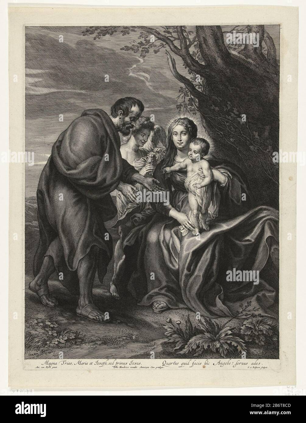 Heiliges Familie mit Maria und Josef und Kind in Begleitung von Engel mit Girlande. Unter der Show ist ein Vers in Latijn. Hersteller: Druckmaschine: Schelte Adamsz. Bolswert (Listed Property) zum Gemälde von Anthony van Dyck (Listed Building) Herausgeber: Gilles Hendricx (Listed Property) Anbieter von Privilegien Unknown Place Herstellung: Antwerpen Datum: 1596 - 1659 Physikalische Merkmale: Fahrzeugmaterial: Papiertechnik: Engra (Druckverfahren) Abmessungen: Plattenkante: H 444 mm × W 332 mmToelichtingPrent zum Malen von Anthony Dyck. Betrifft: Die heilige Familie und die abgeleitete Darstellung und Stockfoto
