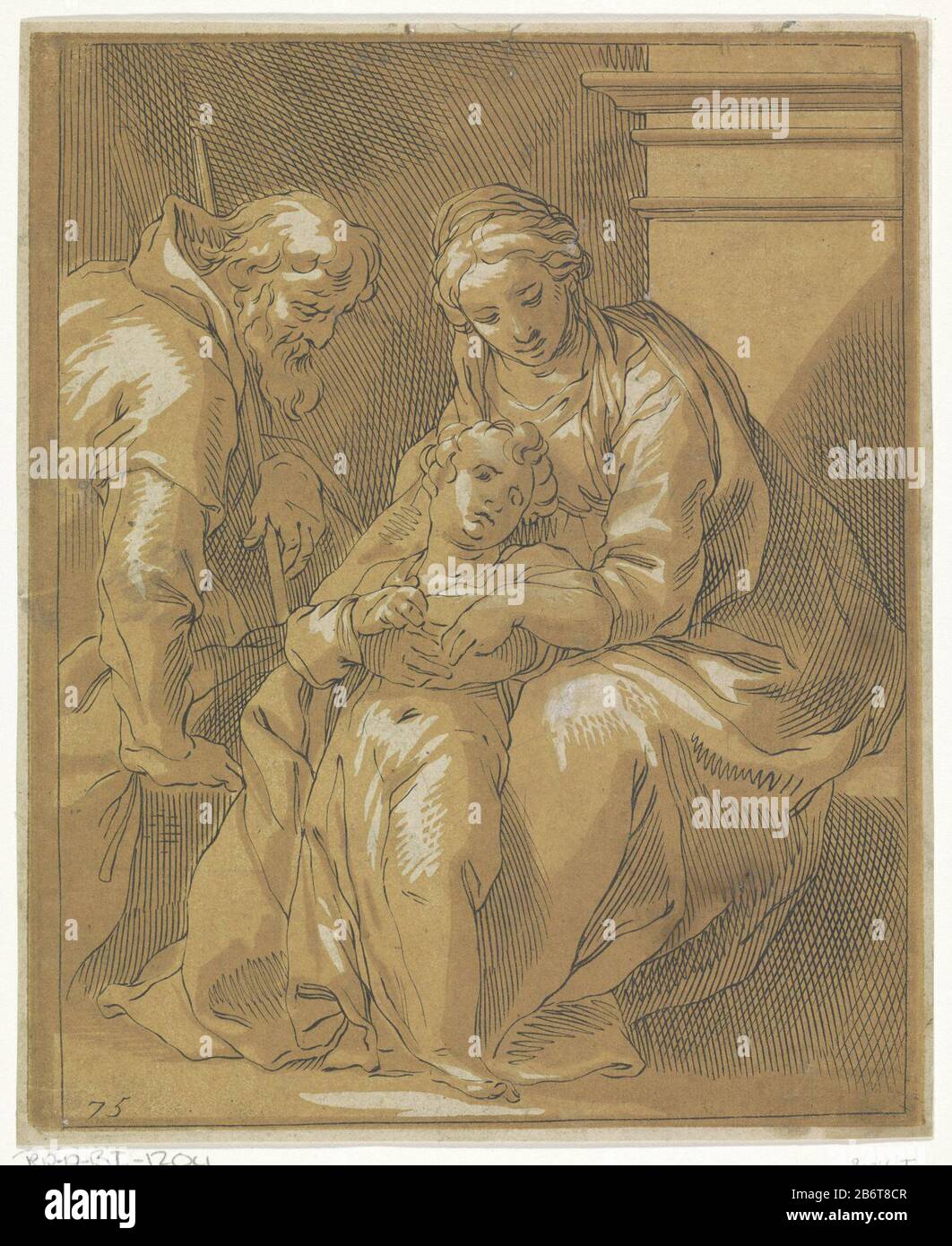 Heilige Familie Unten Links ' 75'. Hersteller: Druckmaschine: Frederick Bloemaert zur Gestaltung: Abraham Bloemaert Herausgeber: Reinier Ottens (I) & JosuaPlaats Herstellung: Druckmaschine: Utrechter Verleger: Amsterdam Datum: 1740/440Physikalische Merkmale: Radierung in schwarz und chiaroscuro in braun; gedruckt von einer Kupferplatte und zweifarbigen Holzblöcken Material: Papiertechnik: Radierung / Chiaroscurososschnitt: Holzschnitt: Holzschnitt: Holzschnitt: Holzschnitt: Holzschnitt: Holzschnitt: H 216 mm × W 178 mmToelichtingMiete aus: Bloemaert, Abraham. Oorspronkelyk und renommiertes Konstryk-Skizzenbuch. Amsterdam: Reinier & Josua Ottens, 1740. Betrifft: Die heilige Familie und abgeleitete r Stockfoto