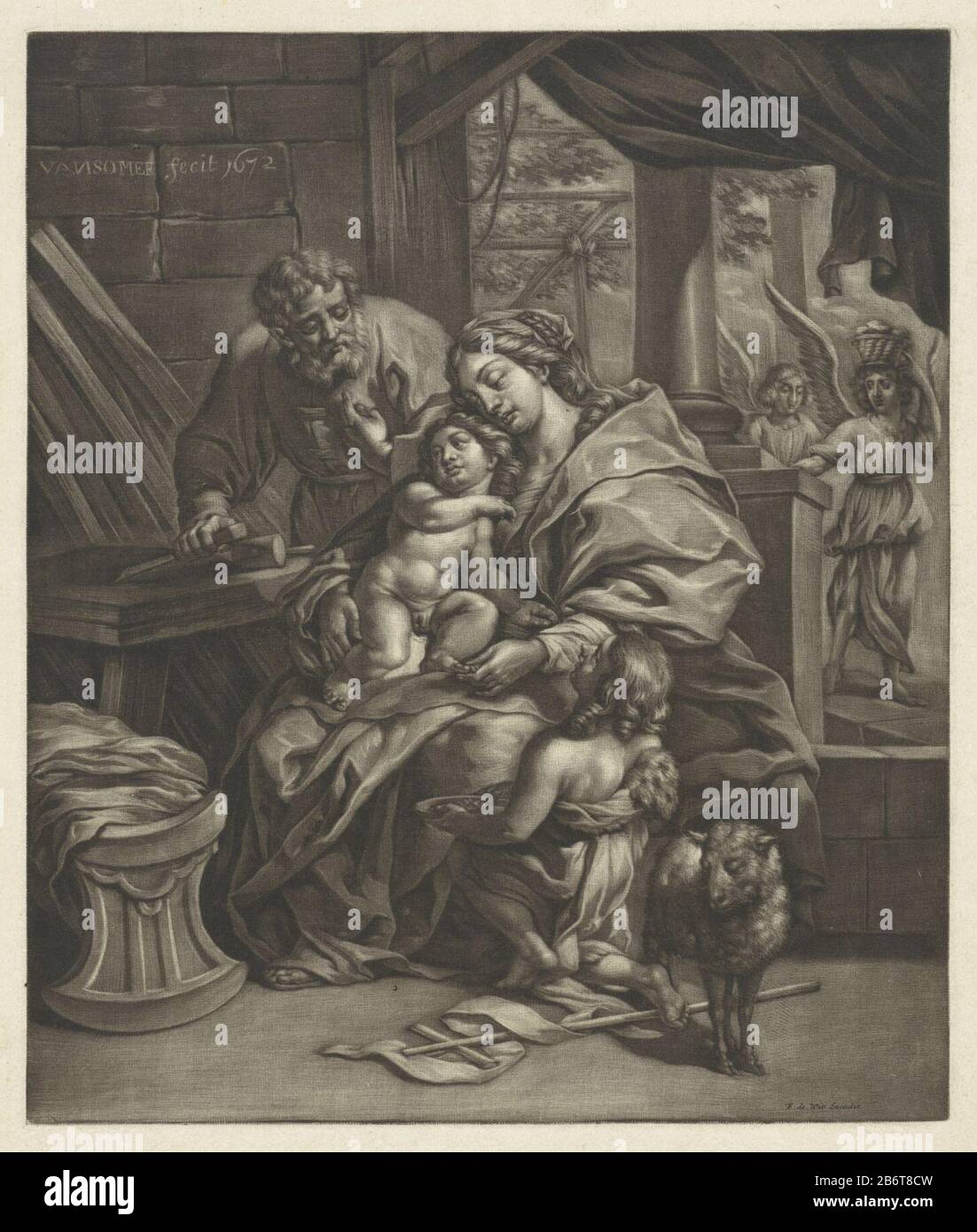 Heilige Familie Die heilige Familie in der Werkstatt von Joseph mit dem jungen Johannes dem Täufer und zwei engelen. Hersteller : Druckerhersteller Jan van Somer (denkmalgeschütztes Gebäude) Herausgeber: Frederik de Wit (unter Denkmalschutz) Ort Herstellung: Amsterdam Datum: 1672 Physische Merkmale: Mezzotinmaterial: Papiertechnik: Mezzotinmaße: Plattenkante: H 331 mm x W 280 mm Betreff: Heilige Familie mit Johannes dem Täufer (als Kind) Stockfoto