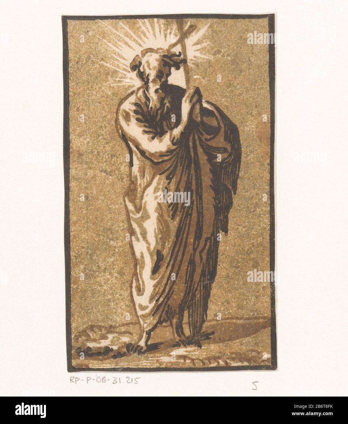 Heiliger Filippus Christus en de twaalf Apostelen (serietitel) Der stehende Apostel Philipp mit kruis. Hersteller: Druckmaschine Antonio da Trento (zugeschrieben) zum Entwurf: Parmigianinoplaats Herstellung: Italien Datum: CA. 1520 - ca. 1.550 Physische Merkmale: Chiaroscuro-Holzschnitt in Schwarz und Braun; gedruckt aus einem Holzzeilenblock und aus zwei Holztonblöcken: Papiertechnik: Hell- und Dunkelholzblockabmessungen: Bild: H 124 mm × b 74 mmToelichtingDeze Bild ist Teil einer Serie bestehend aus dreizehn Drucken mit Christus und den Aposteln als stehende Figuren. Die Serie ist uncompleet. Stockfoto