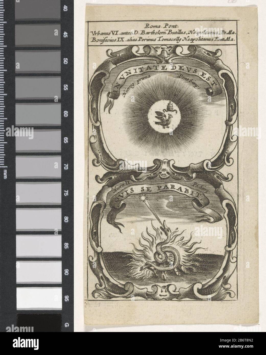 Heilige Geest traf in het vuur In Unite Deus EST Quis Se Parabit (titel op object) Symbola Divina et Humana Pontificum Imperatorum Regum (serietitel) Een embleem met twee voorstellingen. Boven de Heilige Geest in de vorm van een duif met tiara in stralend licht. Onder een slang in het vuur. Uit de mond van de Slang komt een ster. Het betrefffen deviezen van paus Urbanus VI en Bonifatius IX Hersteller: Rentner: Anoniemnaar prent van: Aegidius Sadeler dating: 1666 Physikalische Kenmerken: Tiefdruck; verso traf tekst in boekdrauk Material: Papier Techniek: Graveren (Drukproceé) / boek Stockfoto