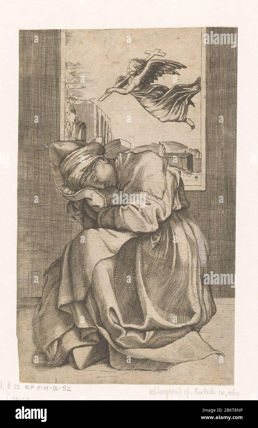 Heilige Helena en het Ware Kruis De heilige Helena zitiert op de voorgrond. After haar een venster met buiten de engel die aan haar verscheen in een visioen met het Ware Kruis Stockfoto