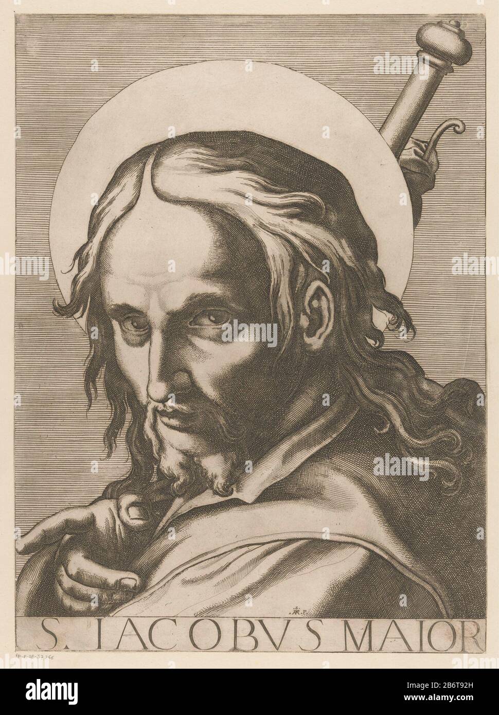 Heilige Jakobus de Meerdere S Iacobus Maior (titel op object) Christus, Maria en de twaalf Apostelen (serietitel) Il sacrato collegio Apostolico (serietitel) Der Jakobus der Größere mit seinem Stab über der Schulter. Um seinen Kopf ein runder Nimbus. Titel ondermarge. Hersteller: Druckmaschine: Raffaello Schiaminossi (denkmalgeschütztes Gebäude) in seiner Bauform: Raffaello SchiaminossiPlaats Herstellung: Italien Datum: 1606 - 1607 Physikalische Merkmale: Radierung mit Plattentonmaterial: Papiertechnik: Ätzung / Plattentonabmessungen: Blatt: H 507 mm (Innenkante . Schnitt) × W 375 mm (Innenkante Kante) Expl Stockfoto