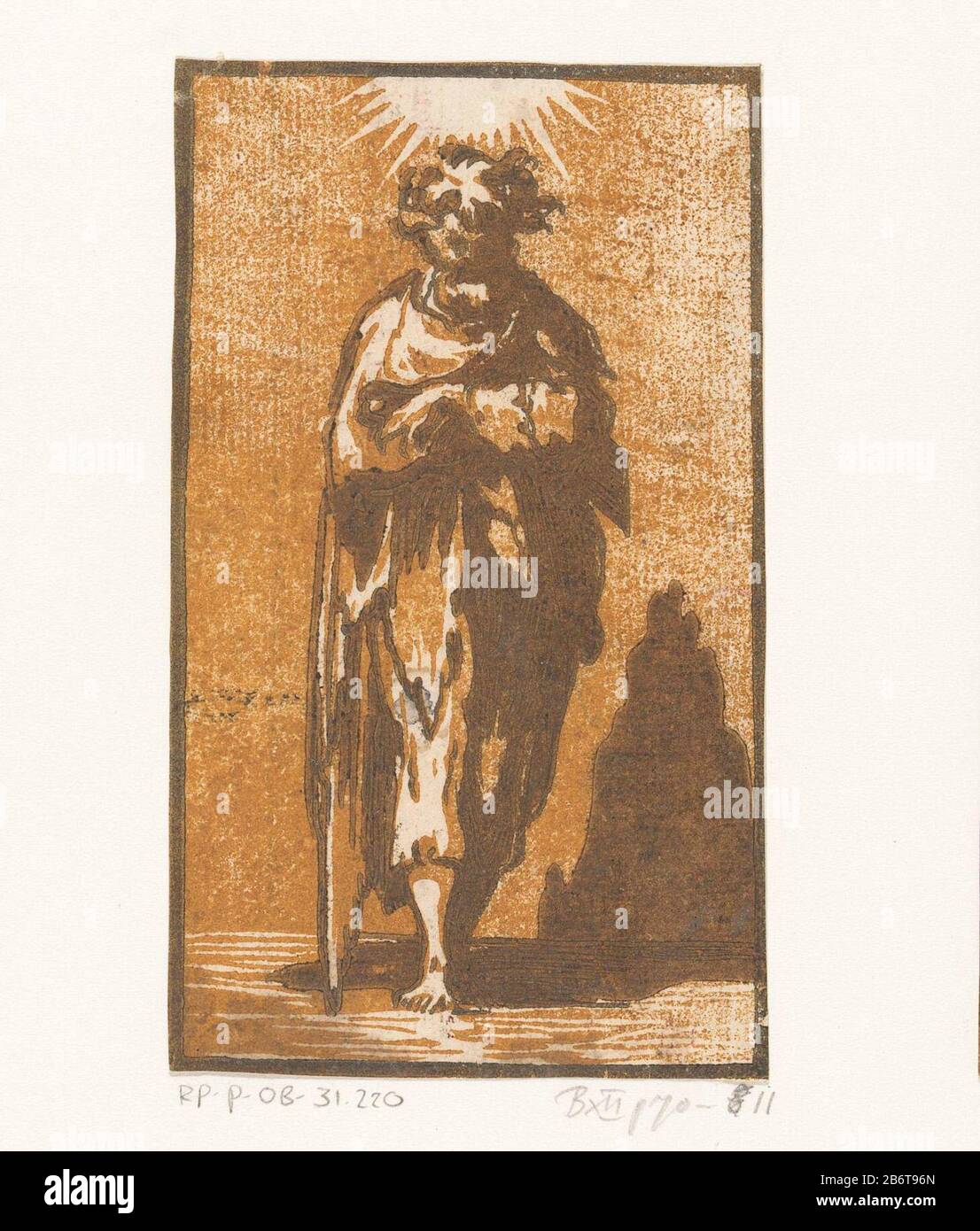 Der stehende Apostel Judas mit gefalteten Armen. Hersteller: Druckmaschine Antonio da Trento (zugeschrieben) zum Entwurf: Parmigianinoplaats Herstellung: Italien Datum: CA. 1520 - ca. 1.550 Physische Merkmale: Holzschnitt in Schwarz und Braun in Chiaroscuro; gedruckt aus einer Holzblocklinie und zweifarbigen Holzblöcken; griechische Texte auf Verso-Druckmaterial: Papiertechnik: Holzschnittgröße Chiaroscuro: Blatt: H 125 mm × W 74 mmToelichtingDeze Print ist Teil einer Serie von dreizehn Drucken mit Christus und den Aposteln stehenden Figuren. Die Serie ist uncompleet. Betrifft: Der Apostel Jude Thaddaeus; möglicher Attr Stockfoto